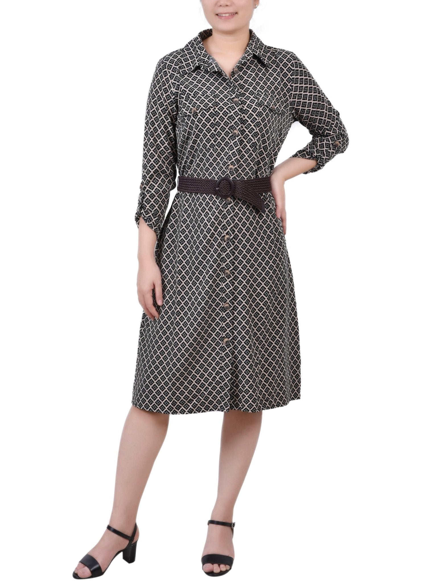 Doeskin Black Allie 3/4 Roll Tab Sleeve Shirtdress - Petite
