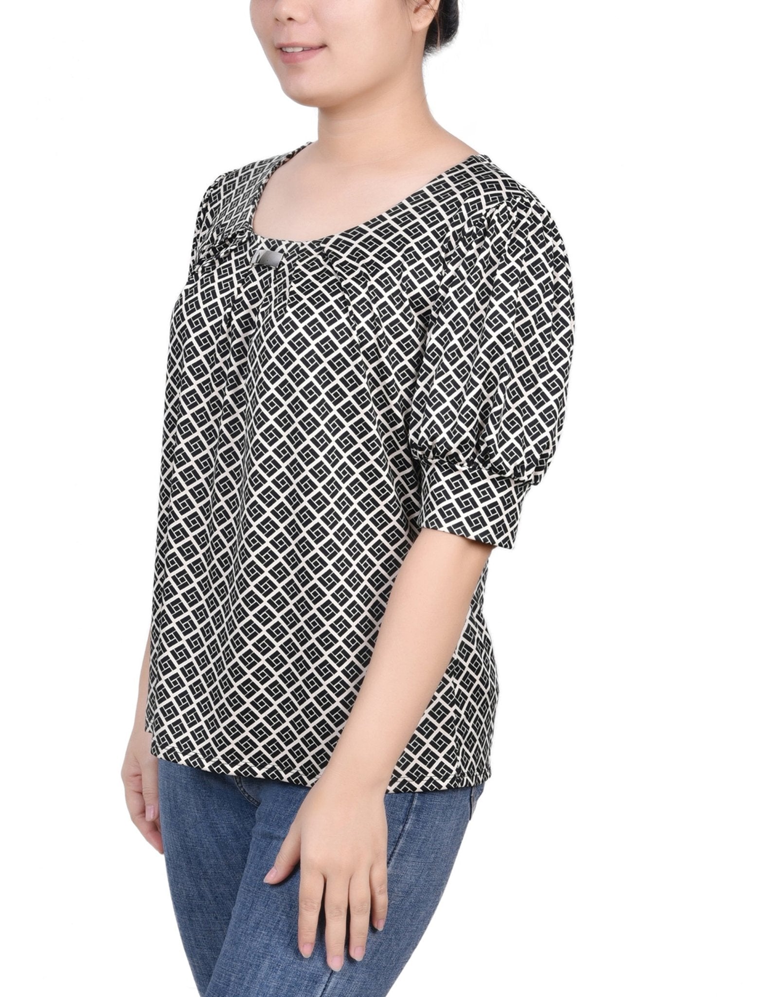 Doeskin Black Allie Short Sleeve Balloon Sleeve Top - Petite
