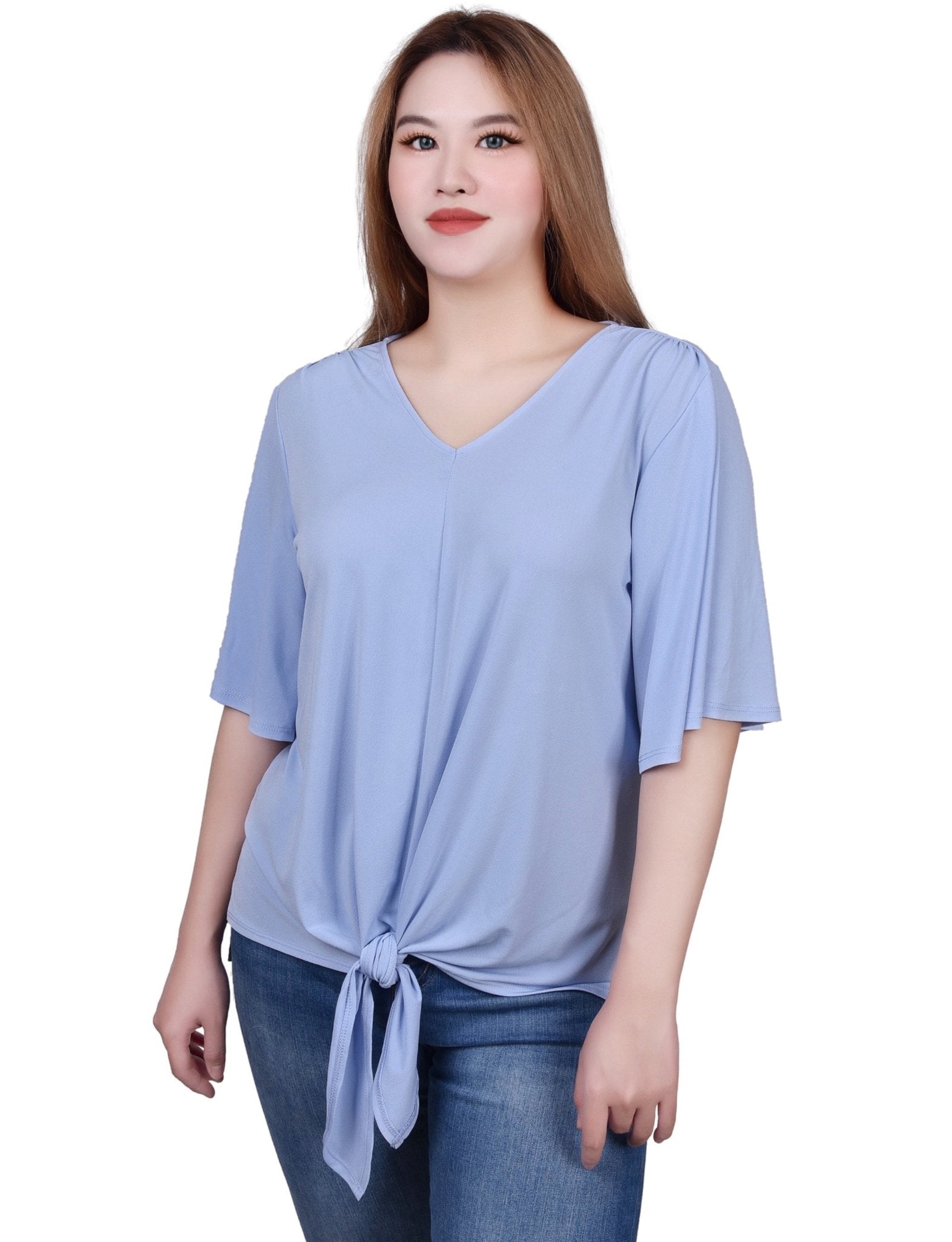 Elbow Sleeve Tie-Front Top