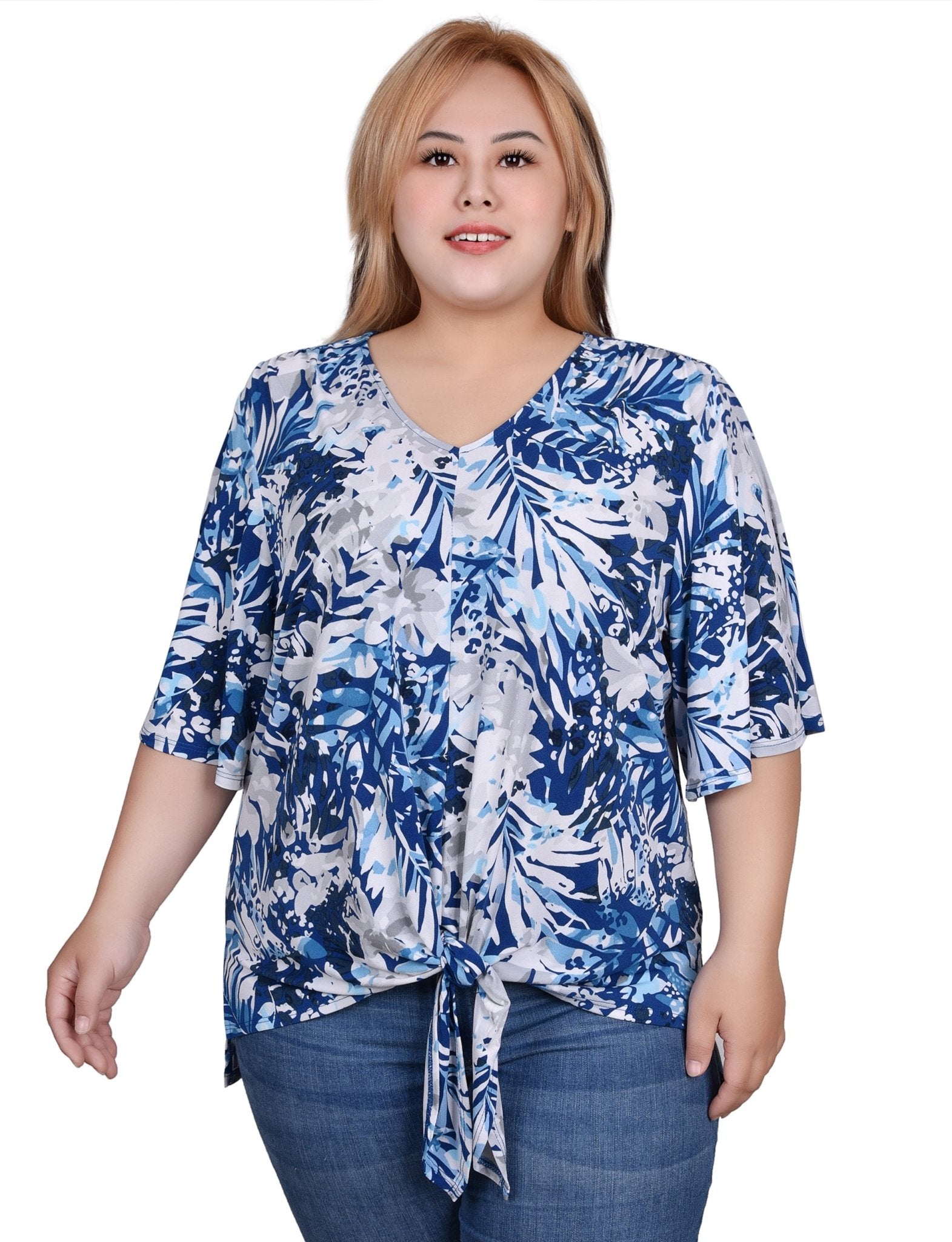 Elbow Sleeve Tie-Front Top - Plus