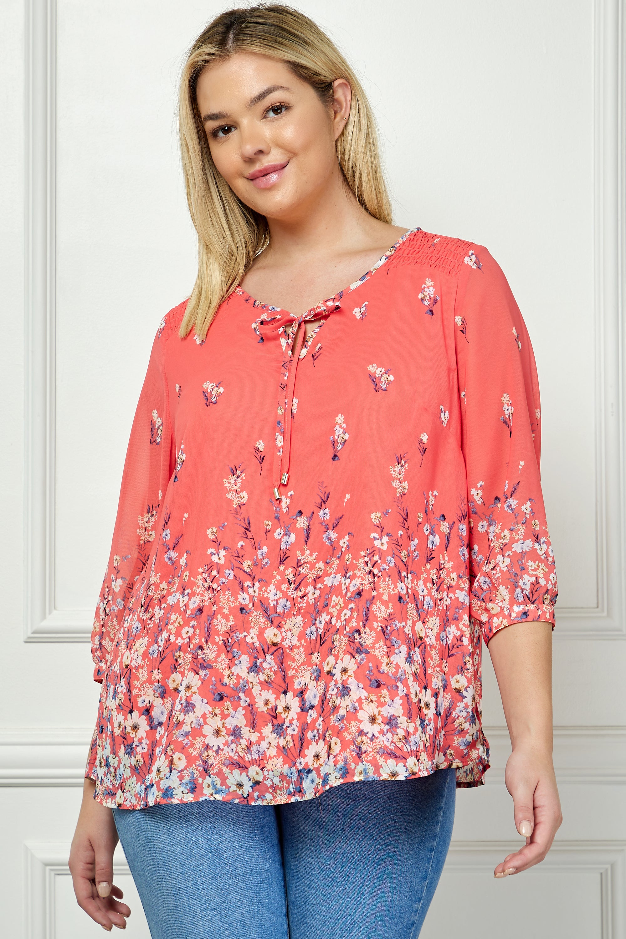 3/4 Button Cuff Sleeve Beaded Tie Front Neck Border Print Blouse - Plus