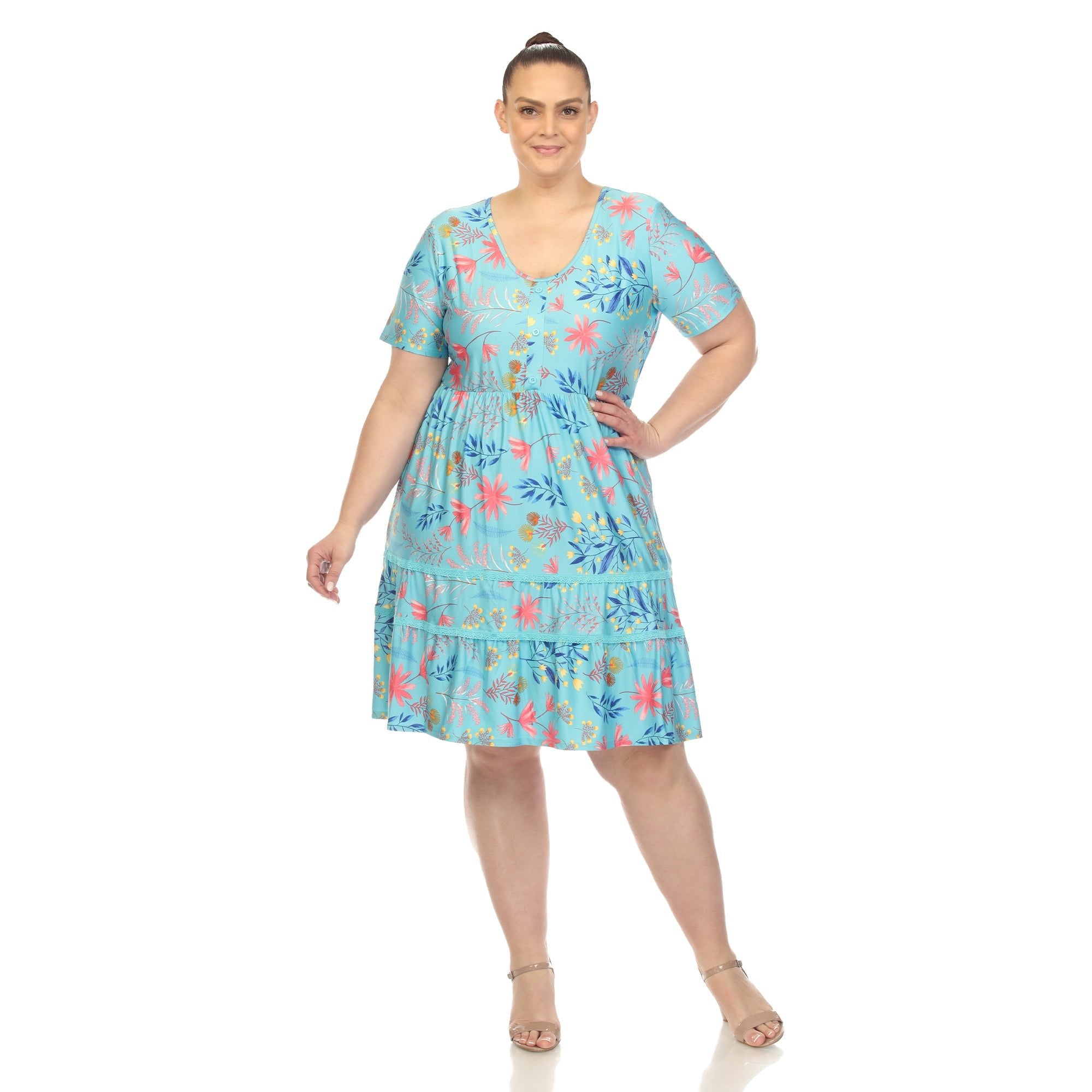 Floral Short Sleeve Knee Length Dress - Plus