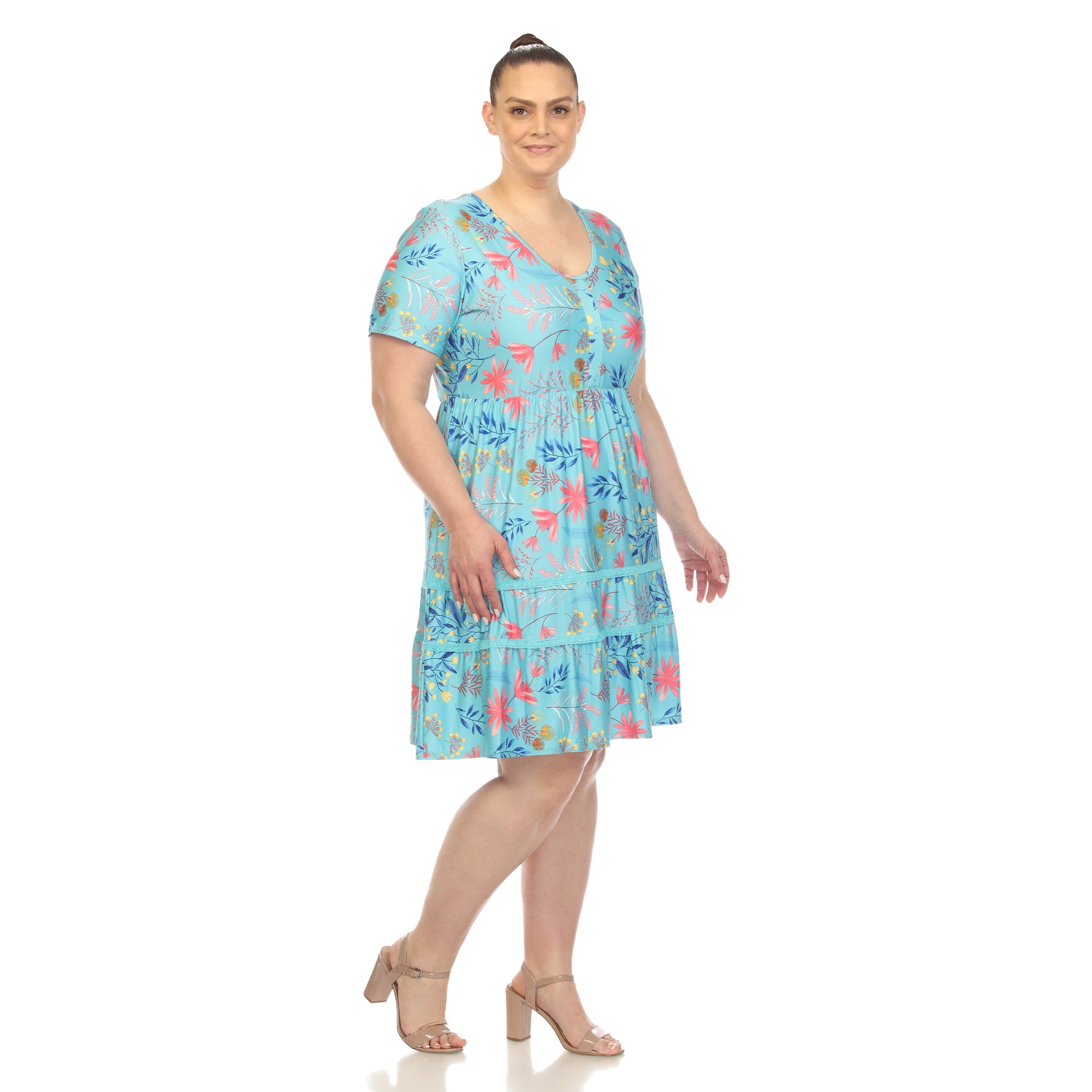 Floral Short Sleeve Knee Length Dress - Plus