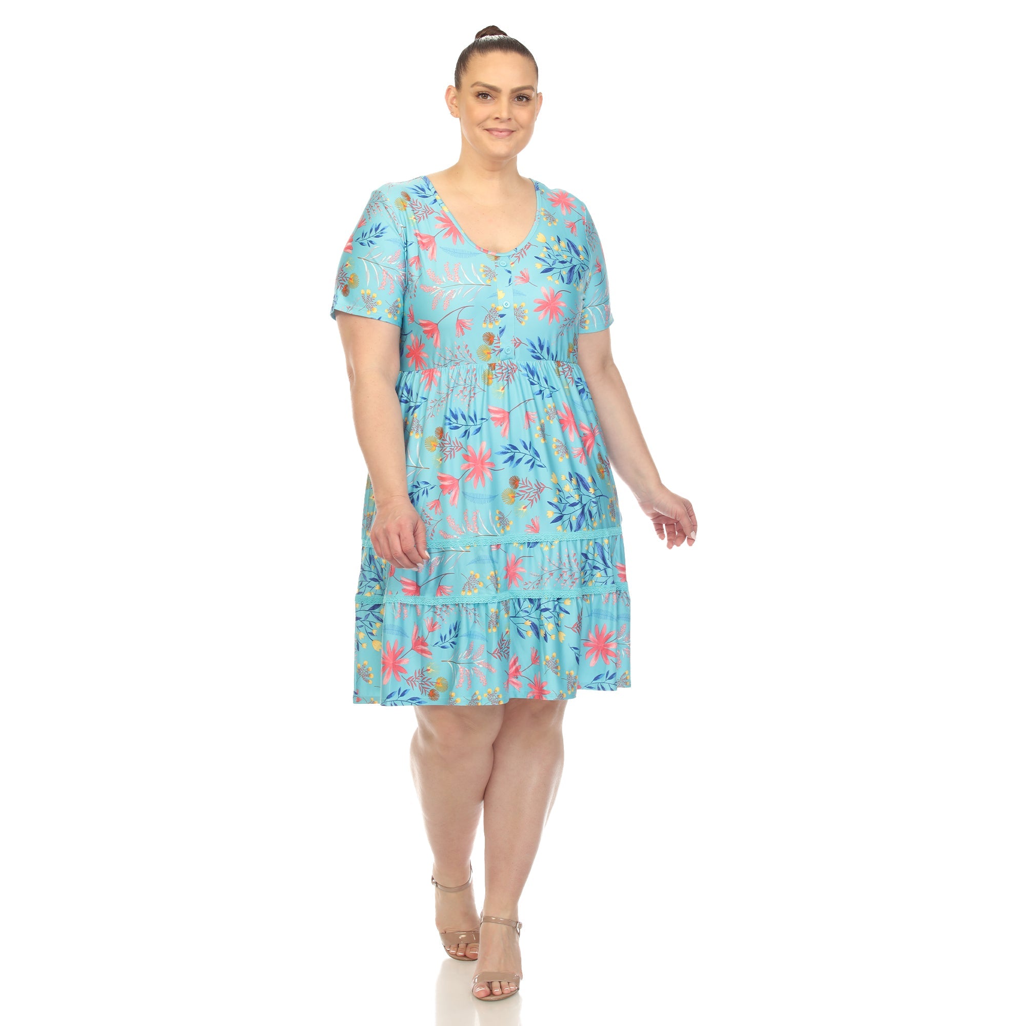 Floral Short Sleeve Knee Length Dress - Plus