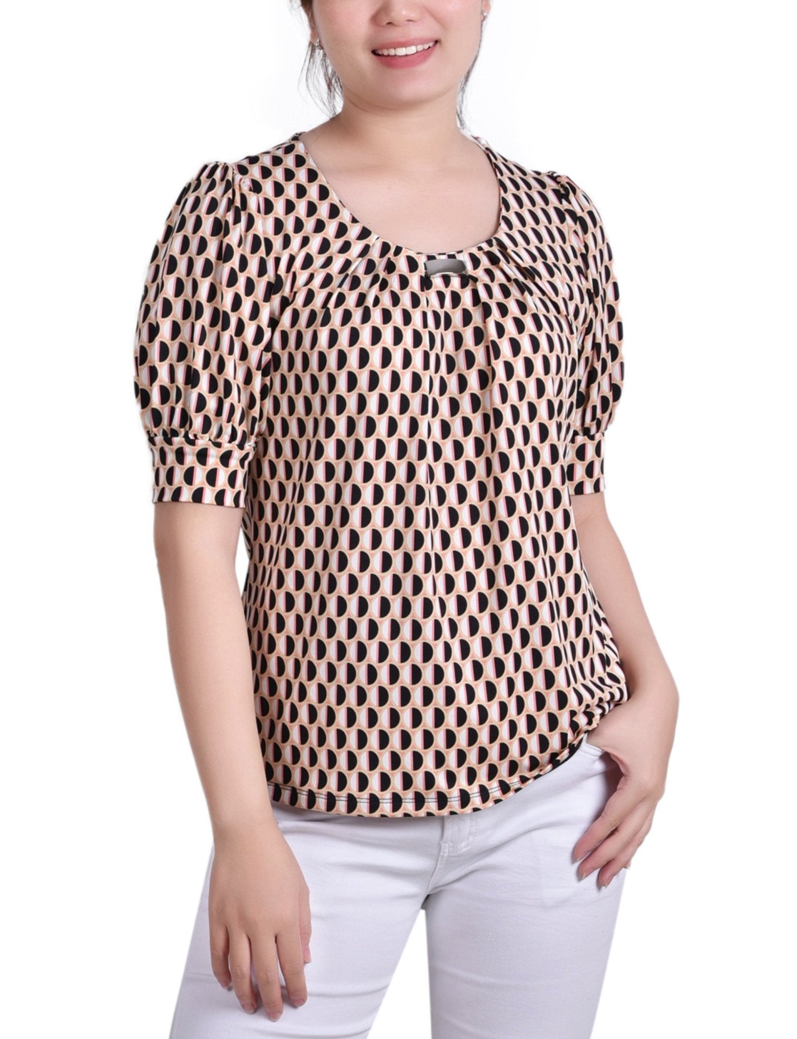 Geo Round Short Sleeve Balloon Sleeve Top - Petite