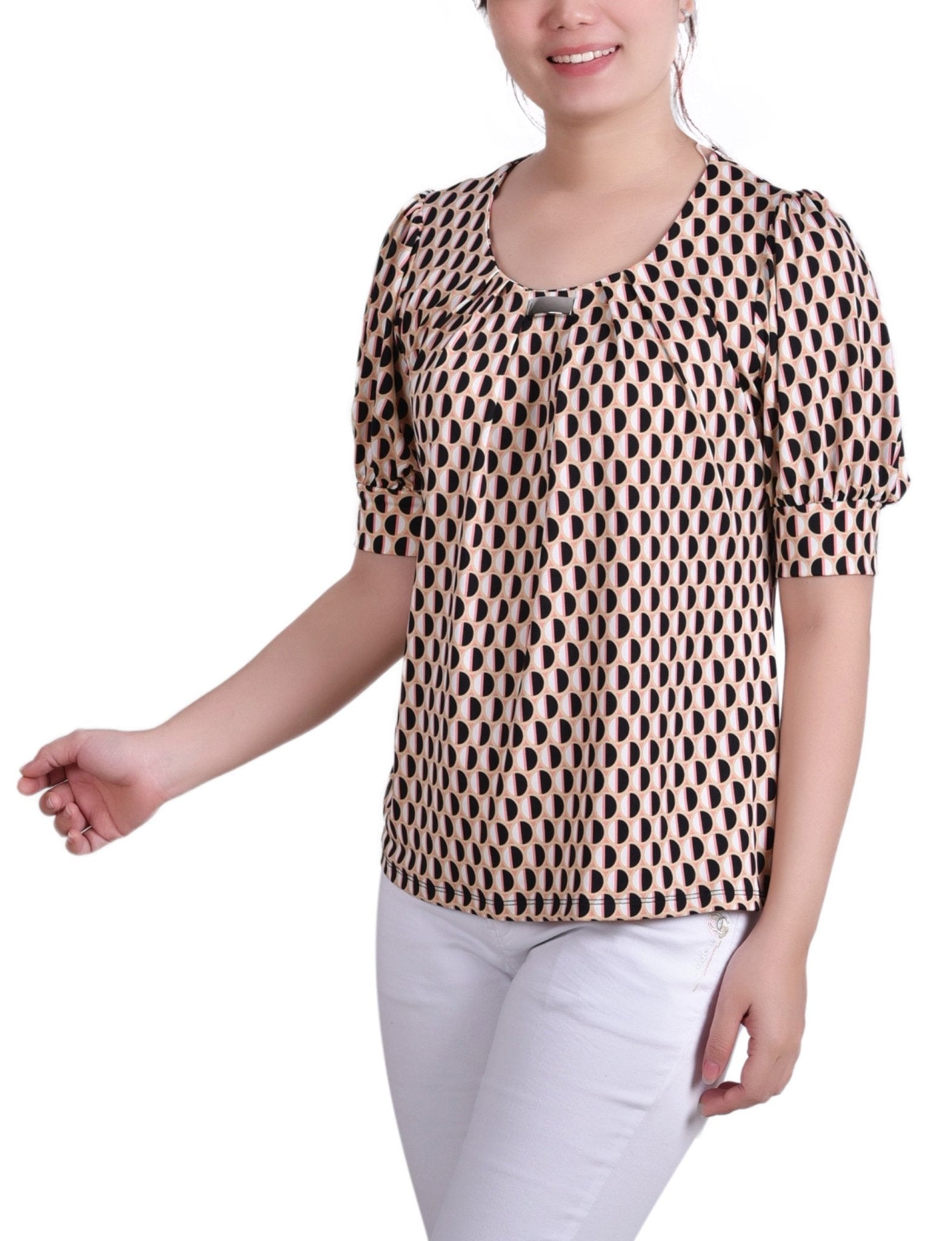 Geo Round Short Sleeve Balloon Sleeve Top - Petite