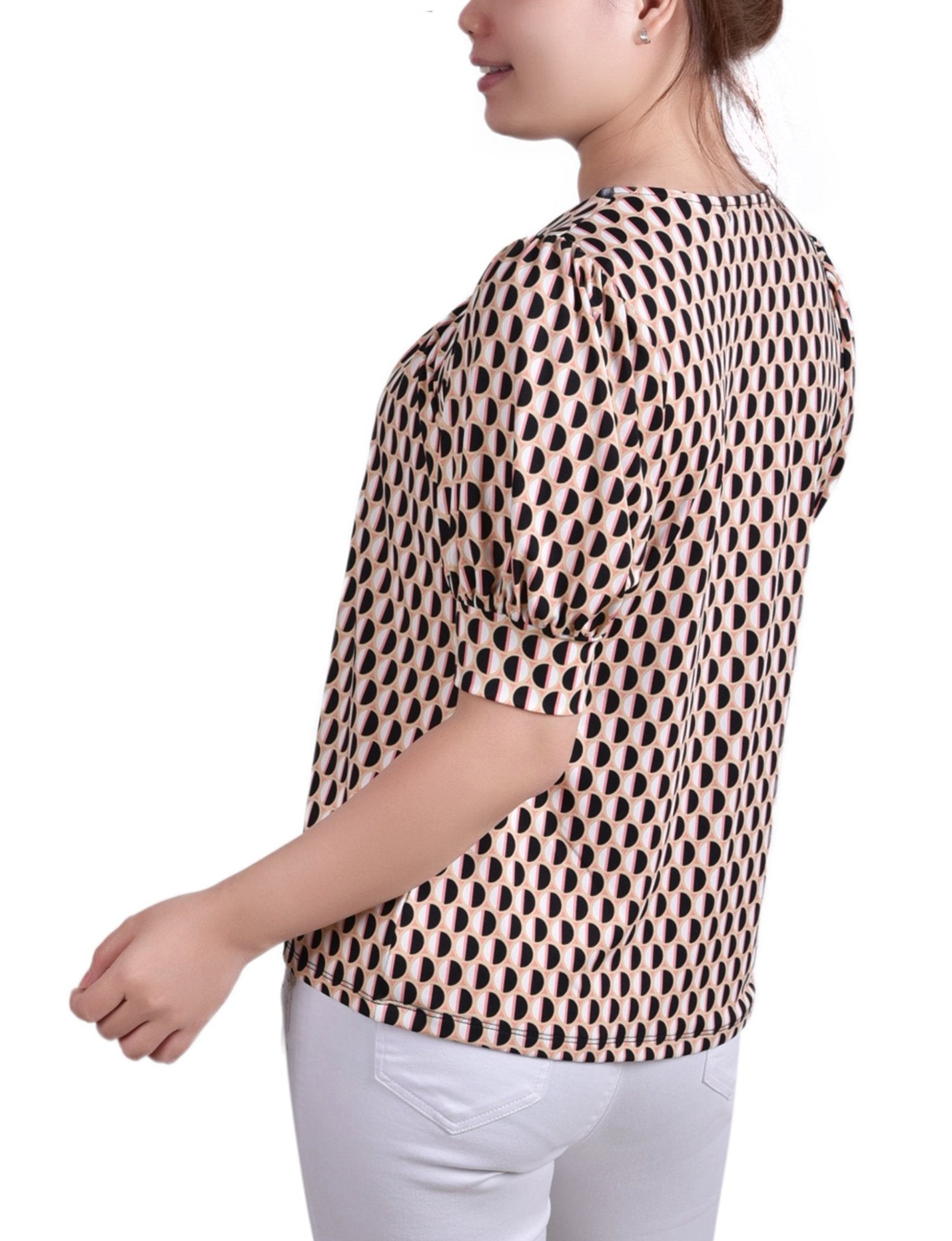 Geo Round Short Sleeve Balloon Sleeve Top - Petite