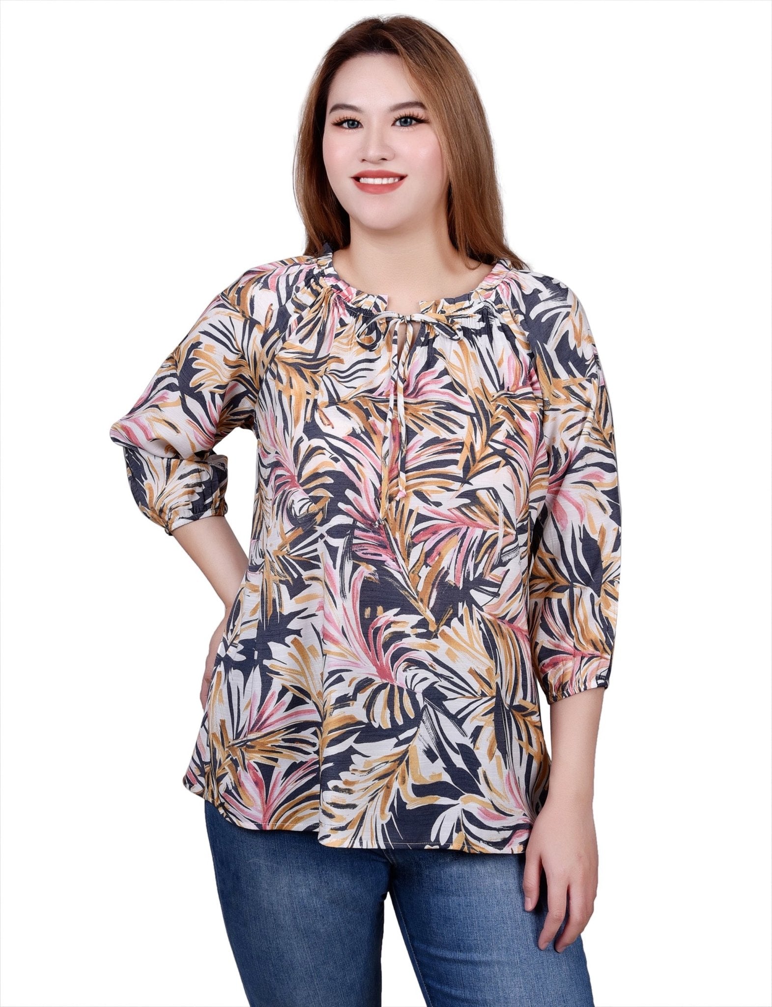 3/4 Length Sleeve Drawstring Neck Blouse - Petite