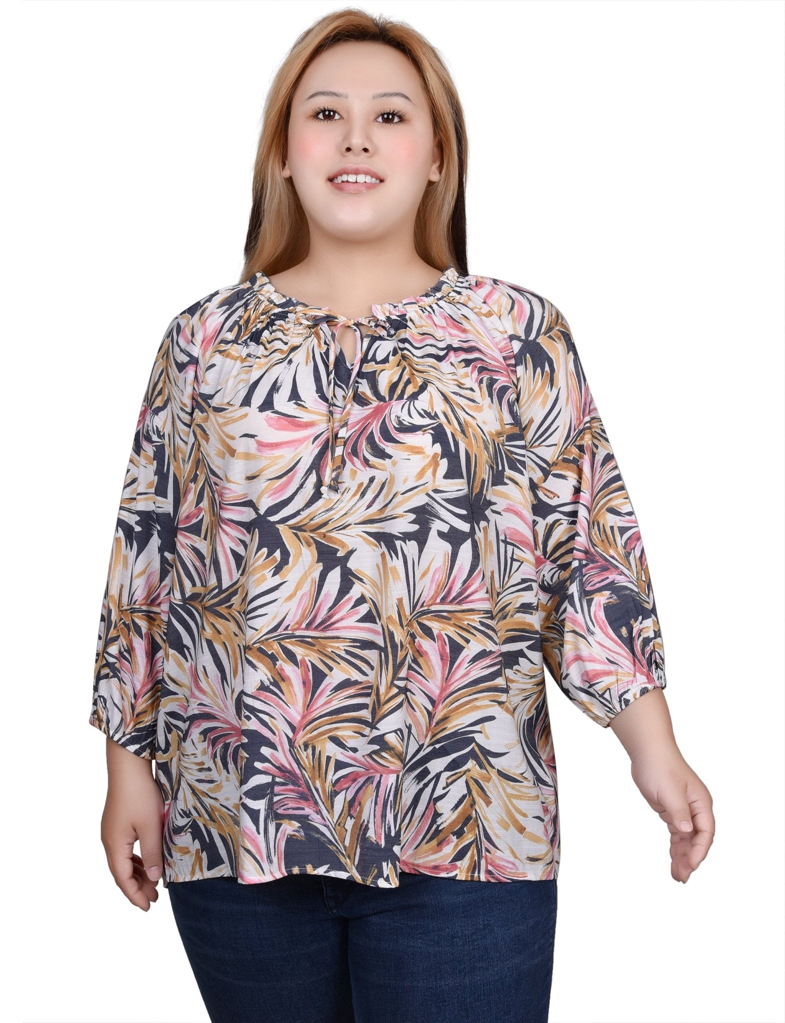 3/4 Length Sleeve Drawstring Neck Blouse - Plus
