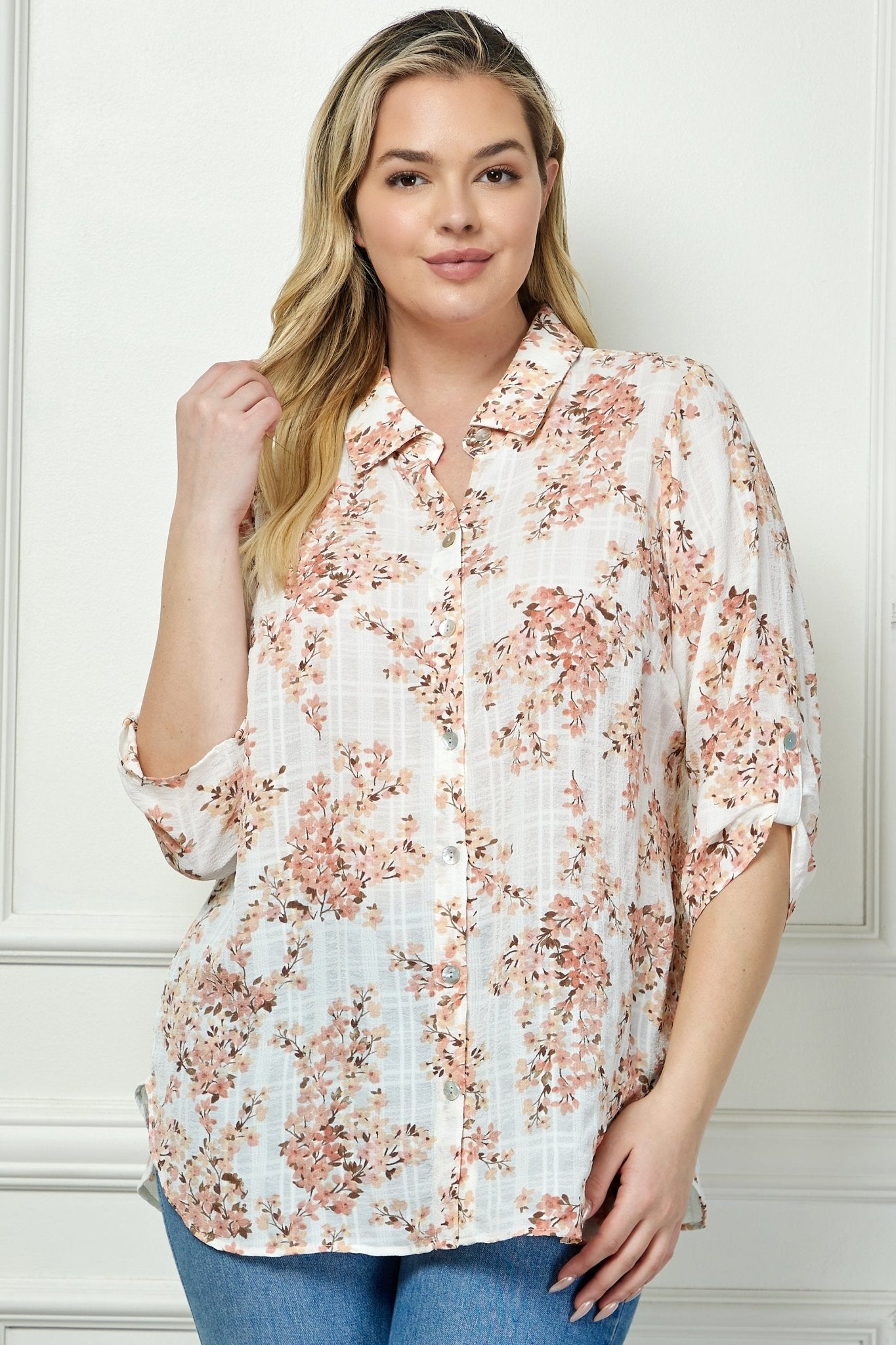 3/4 Button Tab Sleeve Johnny Collar Button Front Shirt - Plus