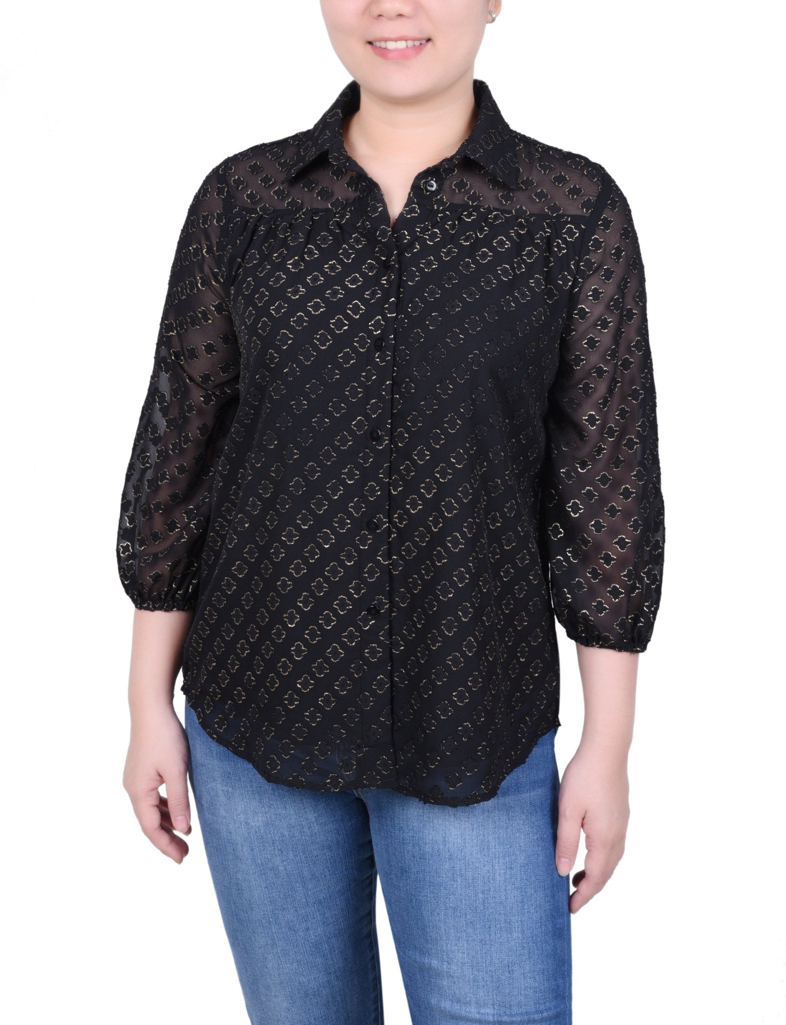 3/4 Length Sleeve Foiled Jacquard Chiffon Blouse - Petite