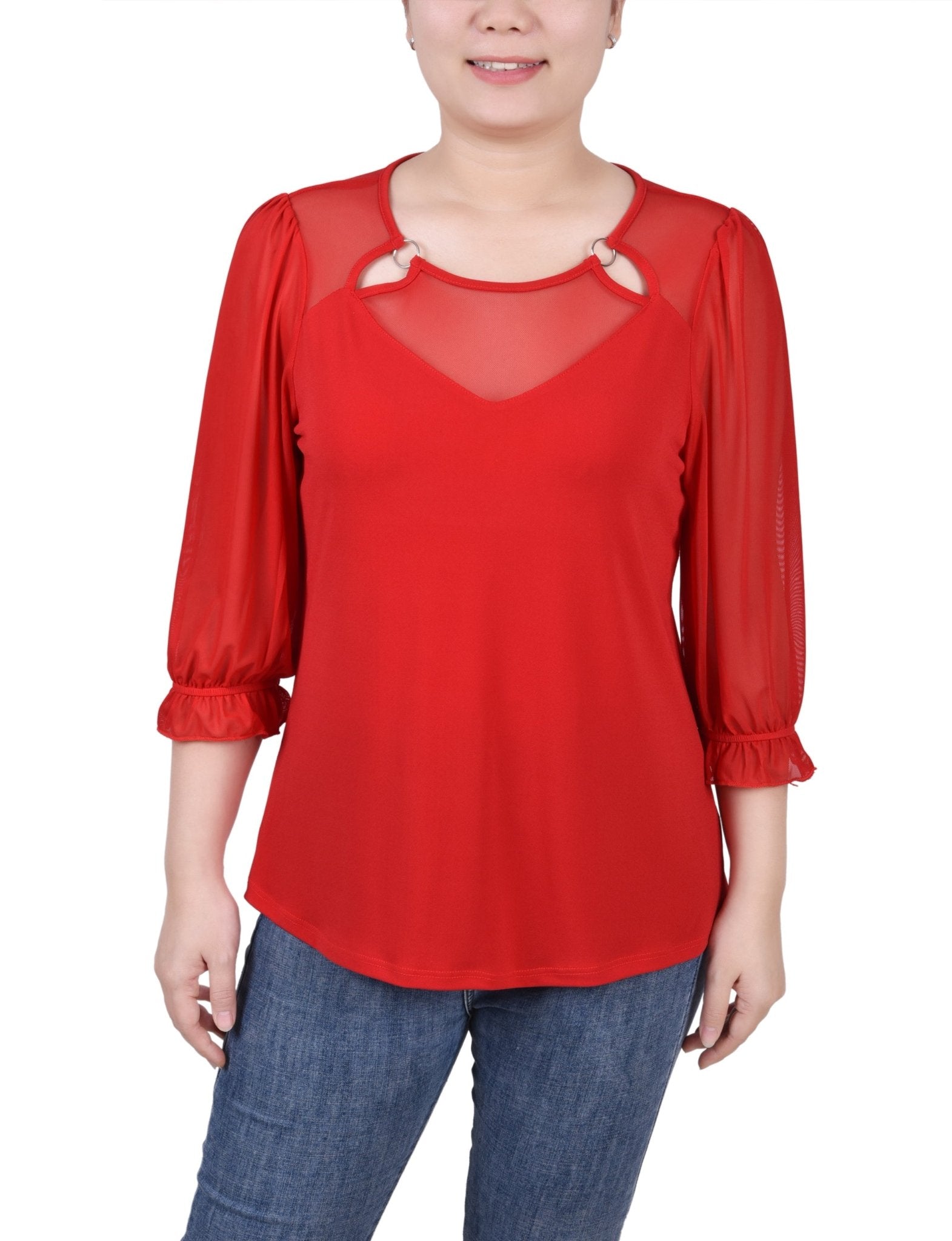 3/4 Length Sleeve Ringed Top With Mesh - Petite