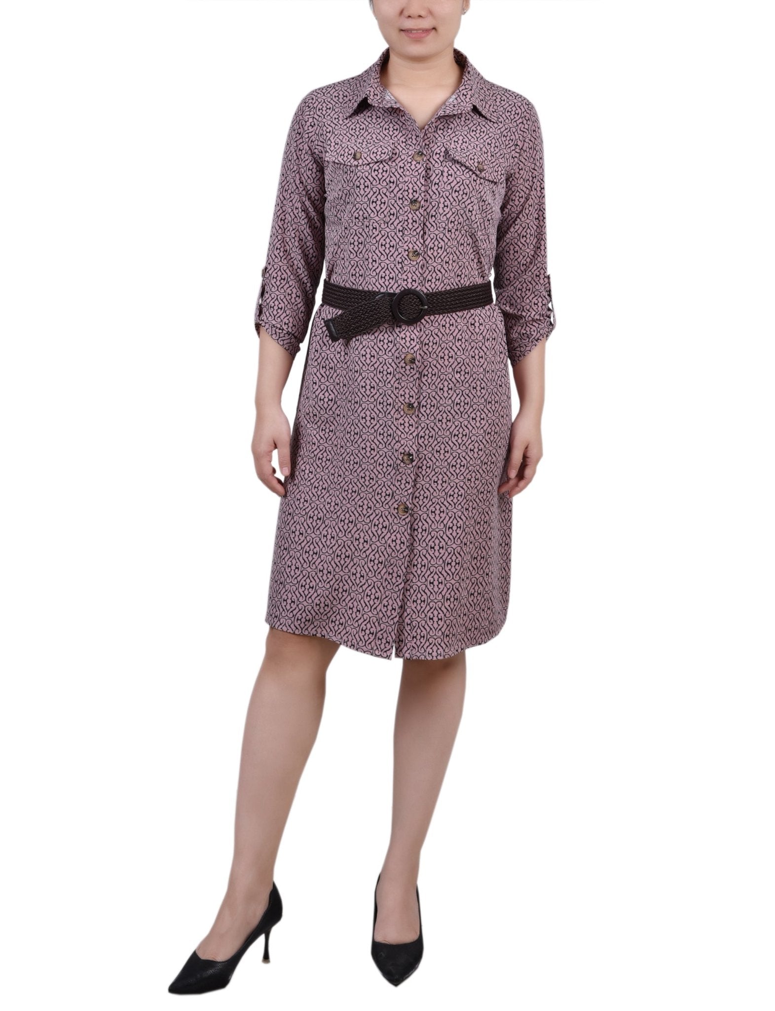 Lilas Black Swirl 3/4 Roll Tab Sleeve Shirtdress - Petite