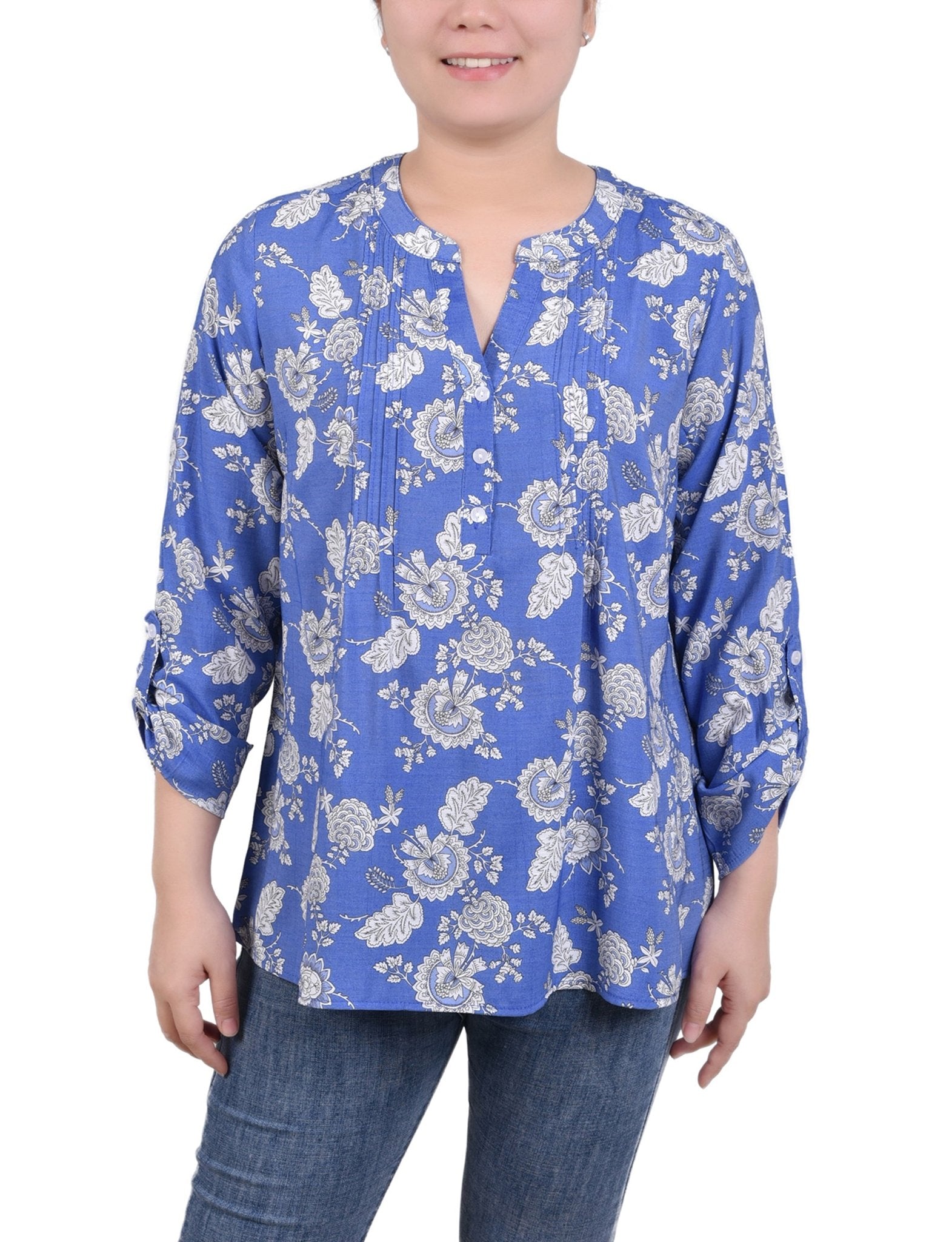 Long Roll Tab Sleeve Pintuck Front Blouse - Petite
