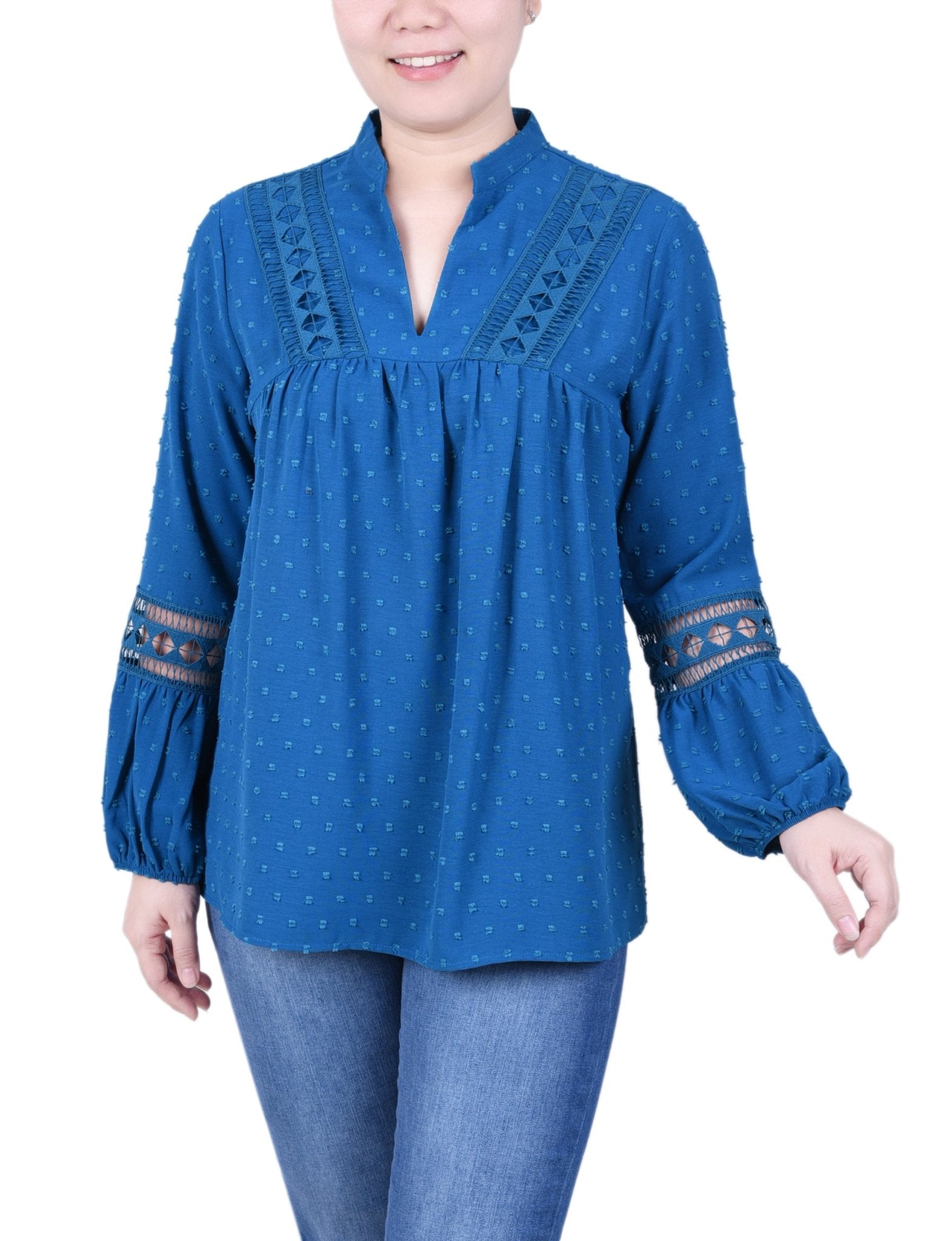 Long Sleeve Blouse With Crochet Trim - Petite