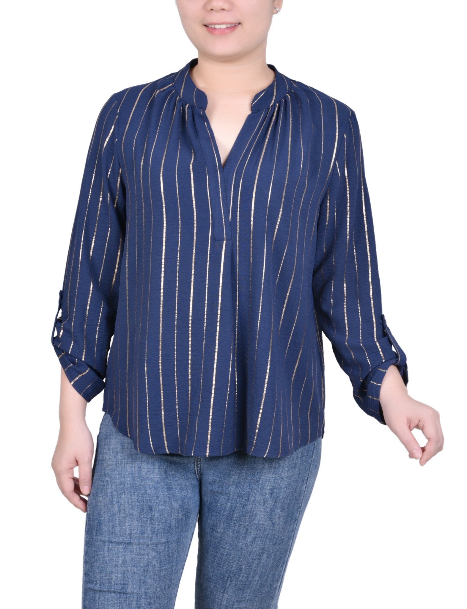 Long Sleeve Foil Striped Blouse - Petite