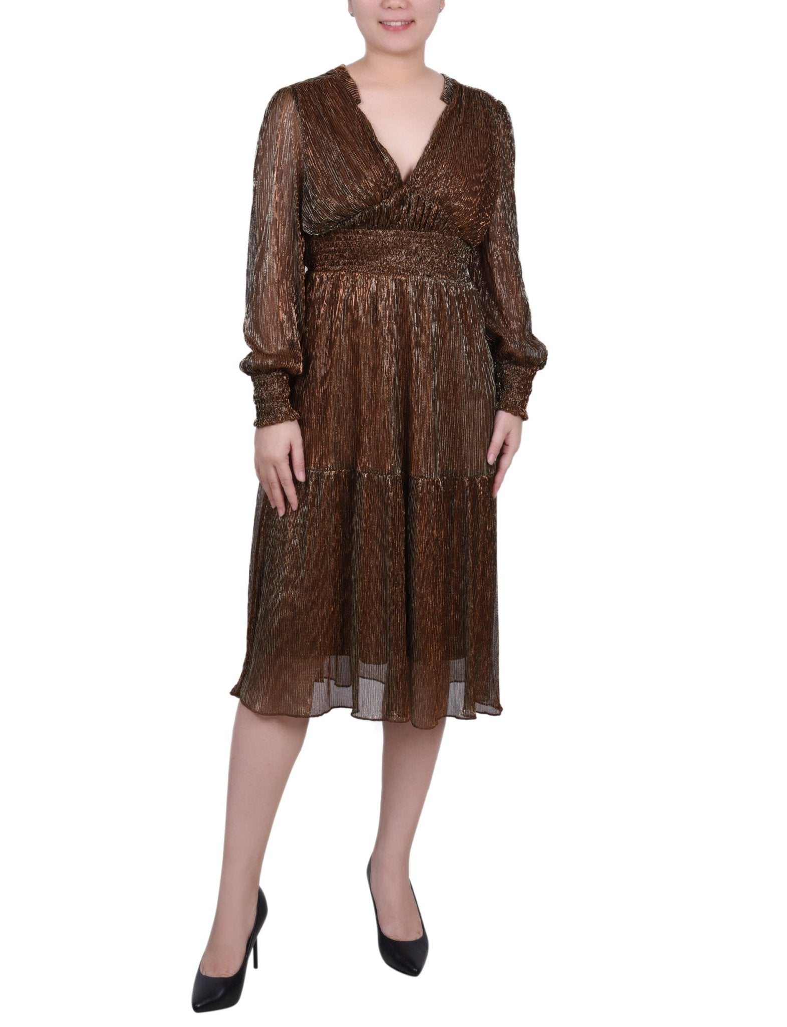 Long Sleeve Plisse Mesh Dress - Petite