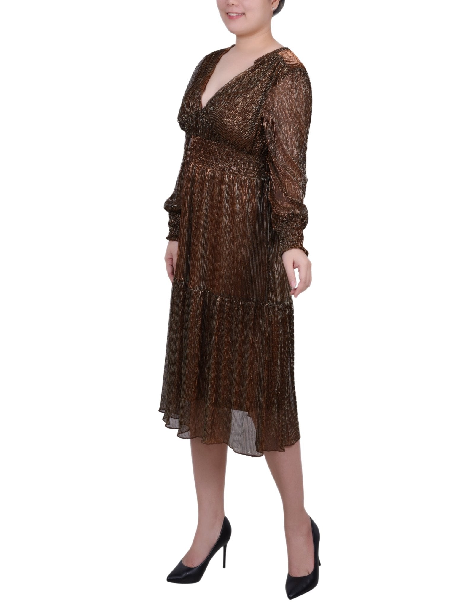 Long Sleeve Plisse Mesh Dress - Petite