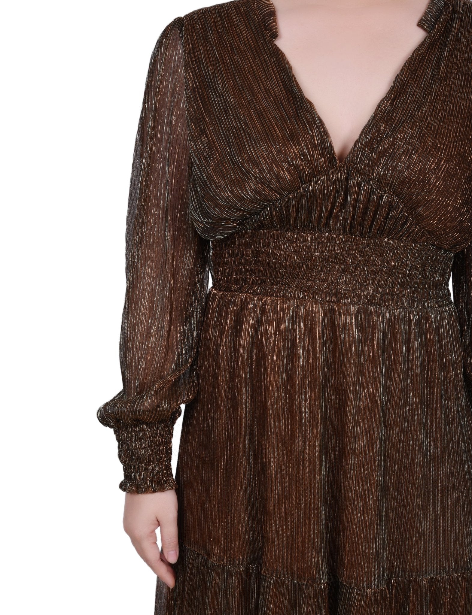 Long Sleeve Plisse Mesh Dress - Petite