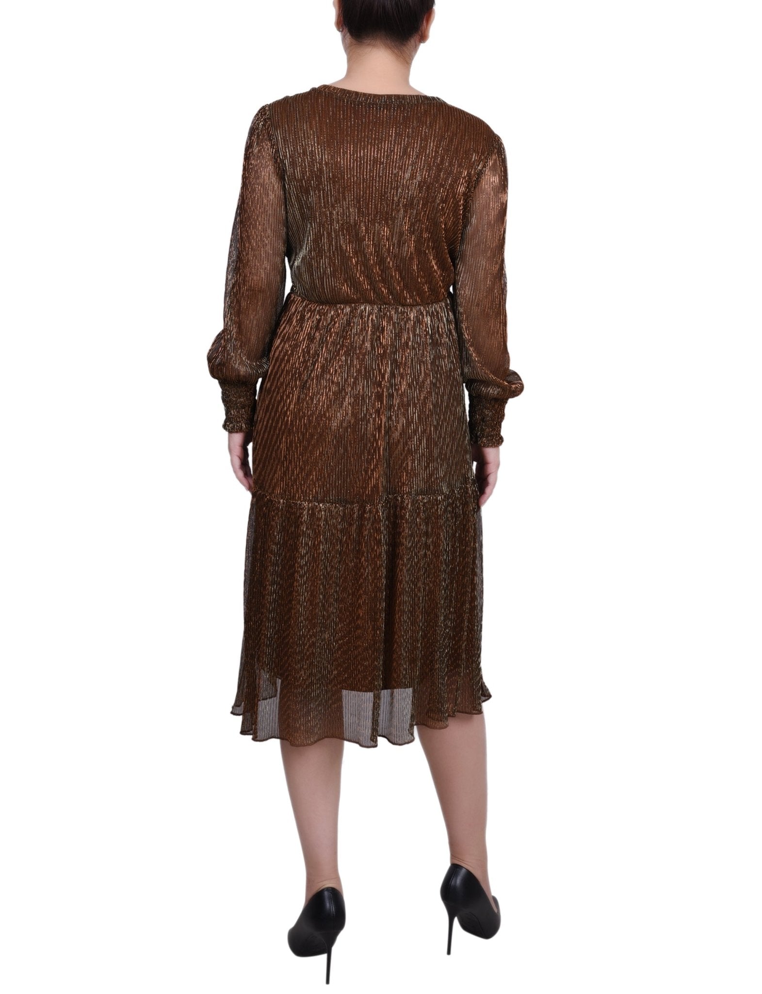 Long Sleeve Plisse Mesh Dress - Petite