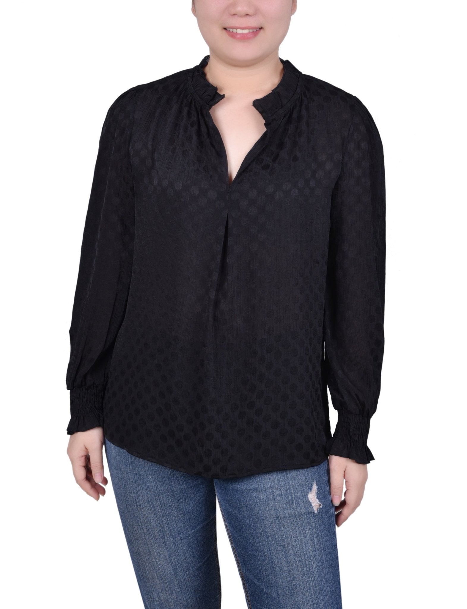 Long Sleeve Smocked Cuff Blouse - Petite