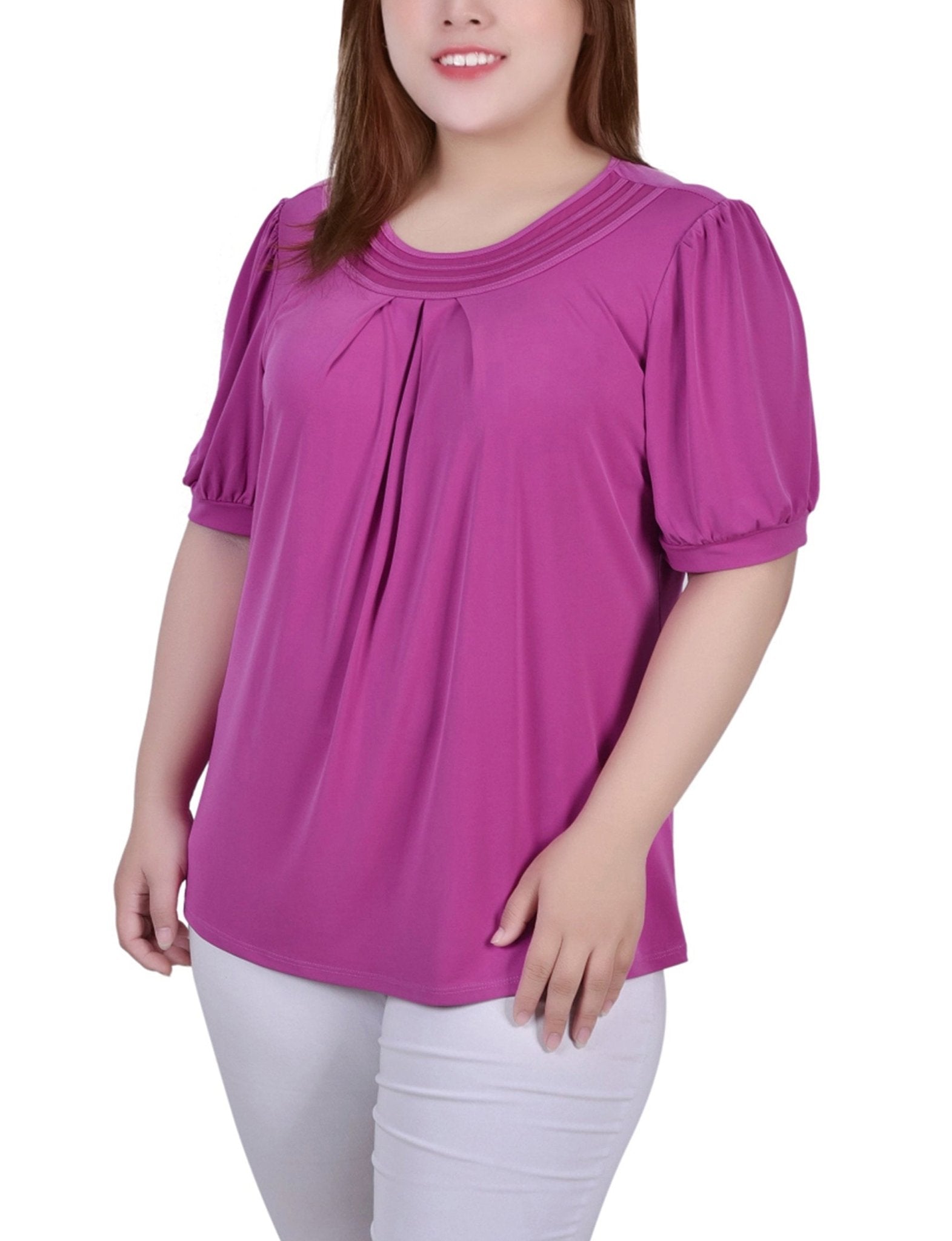 Magenta 3/4 Sleeve Blouse With Necklace - Petite