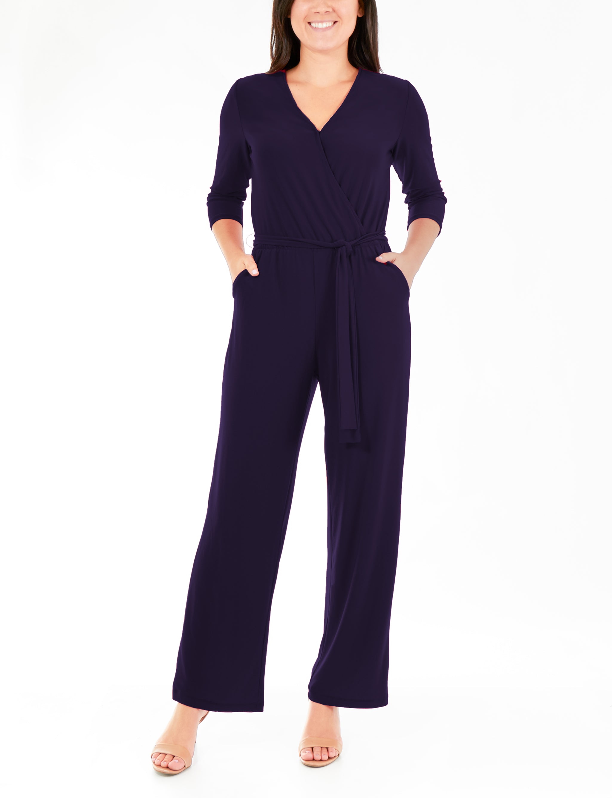 Navy 3/4 Sleeve Belted Jumpsuit - Petite Short