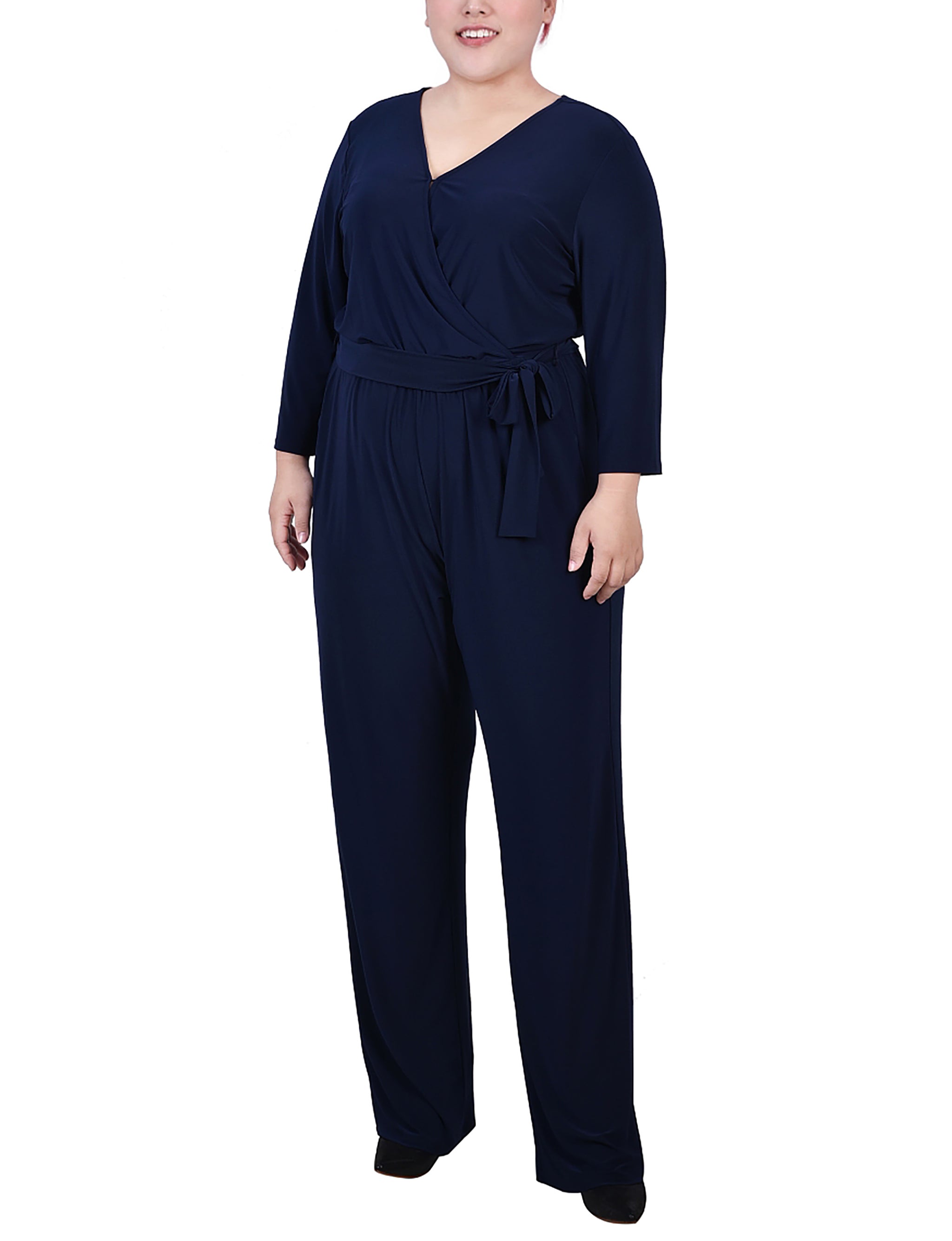 Navy 3/4 Sleeve Belted Jumpsuit - Plus