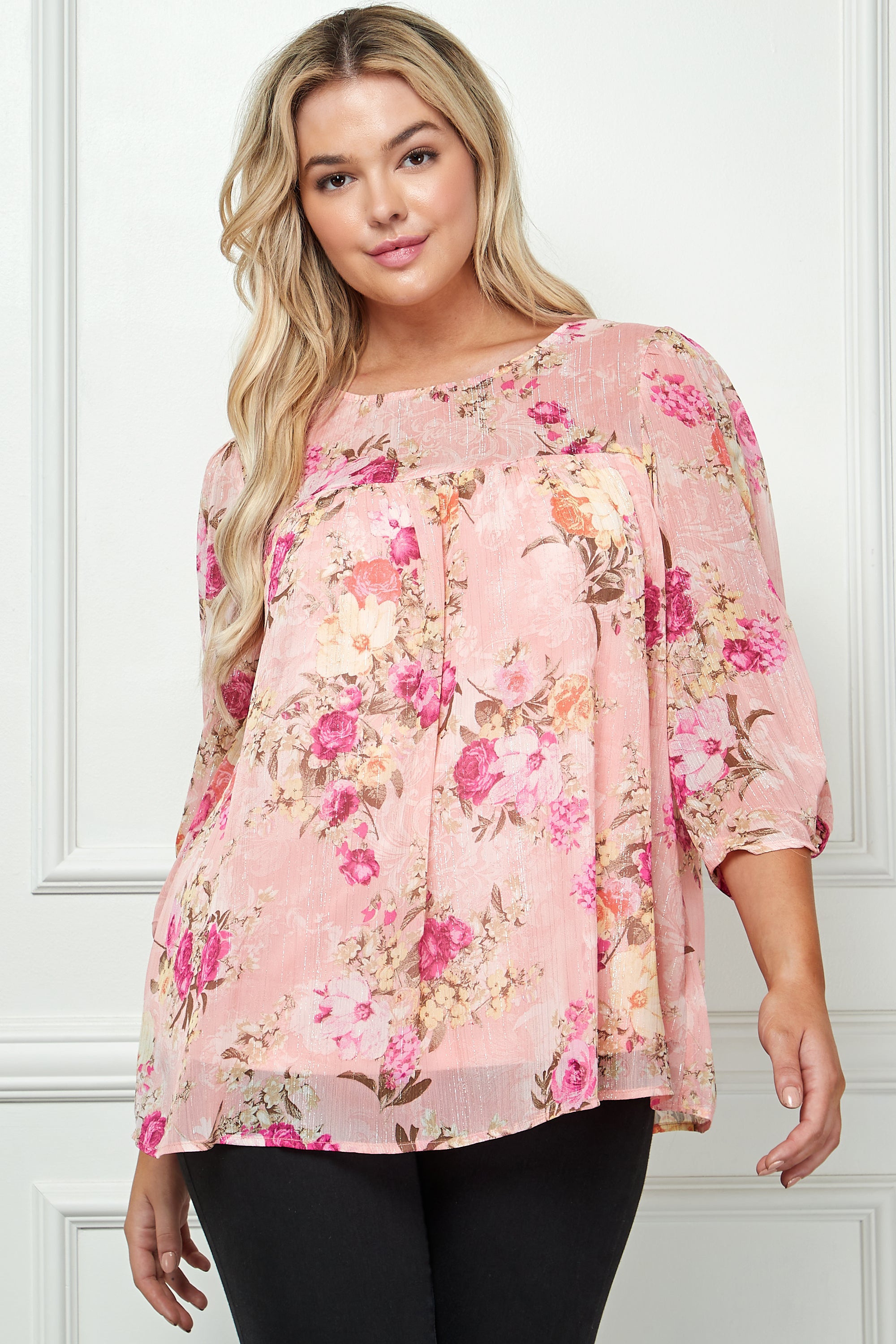 3/4 Knot Sleeve Front & Back Yoke Lined Blouse - Plus