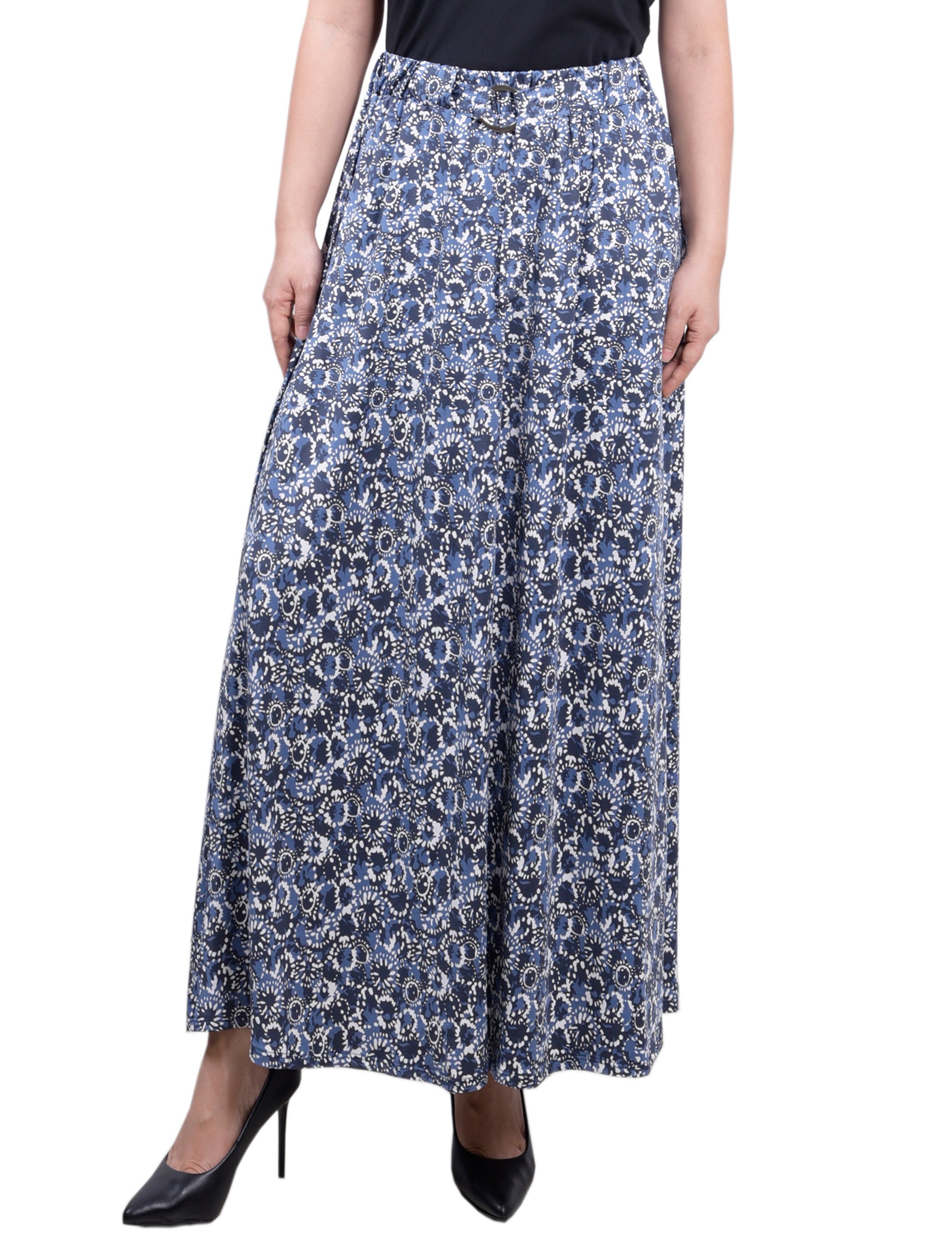 Navy Ivory Splash Ring Detail Midi-Length Skirt - Petite