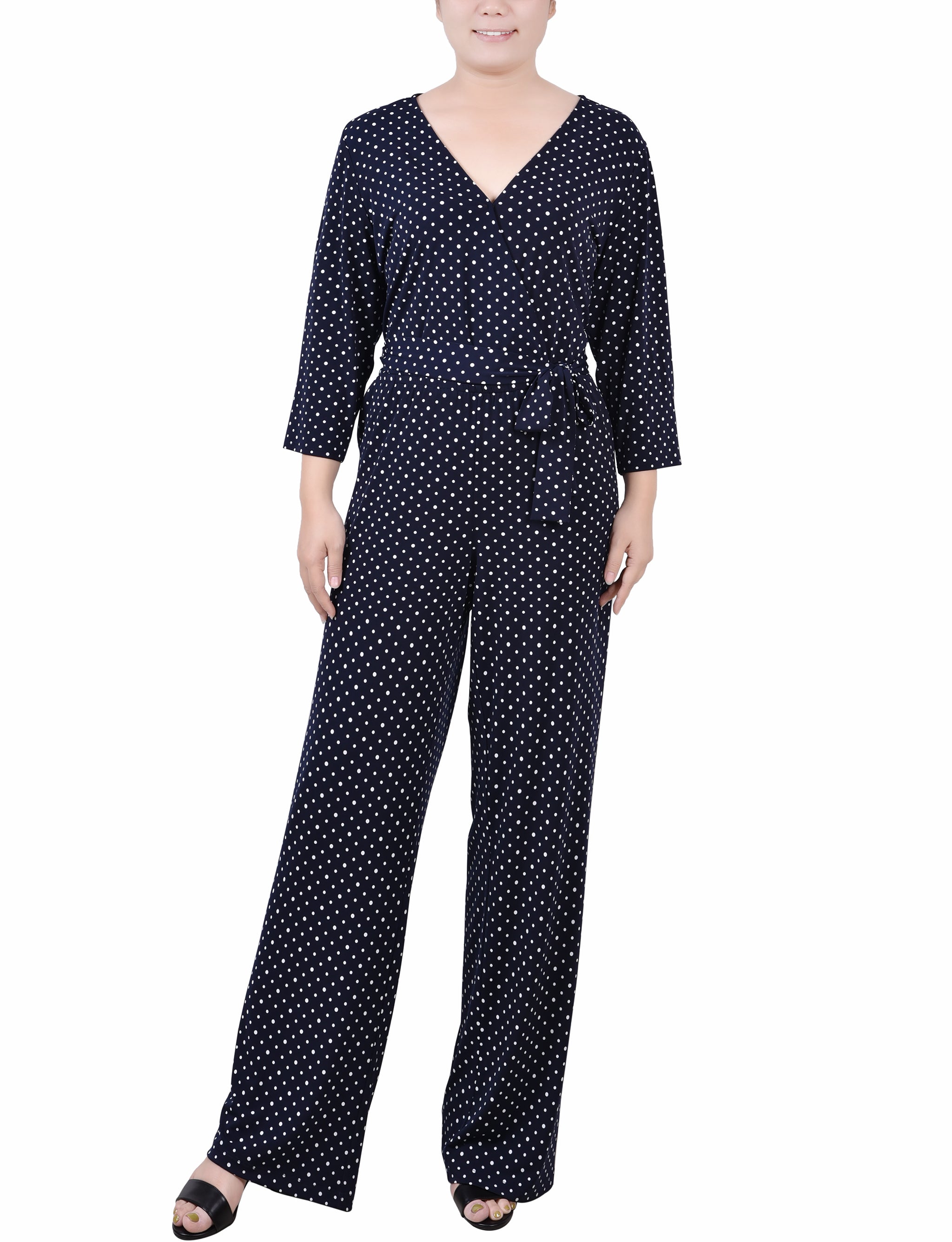 Navy Polka Dot 3/4 Sleeve Belted Jumpsuit - Petite