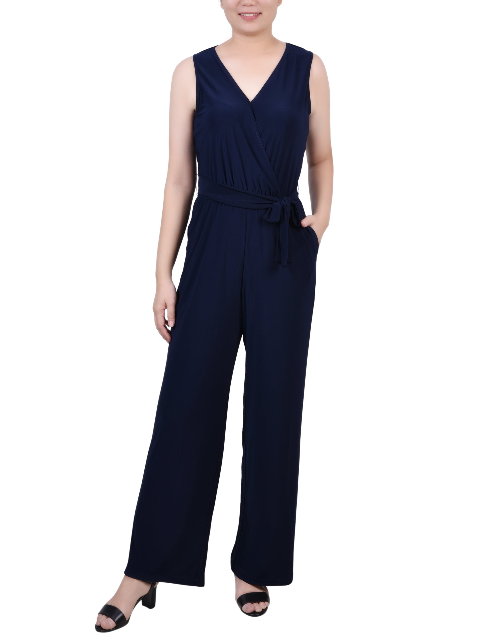 Navy Sleeveless Belted Jumpsuit - Petite