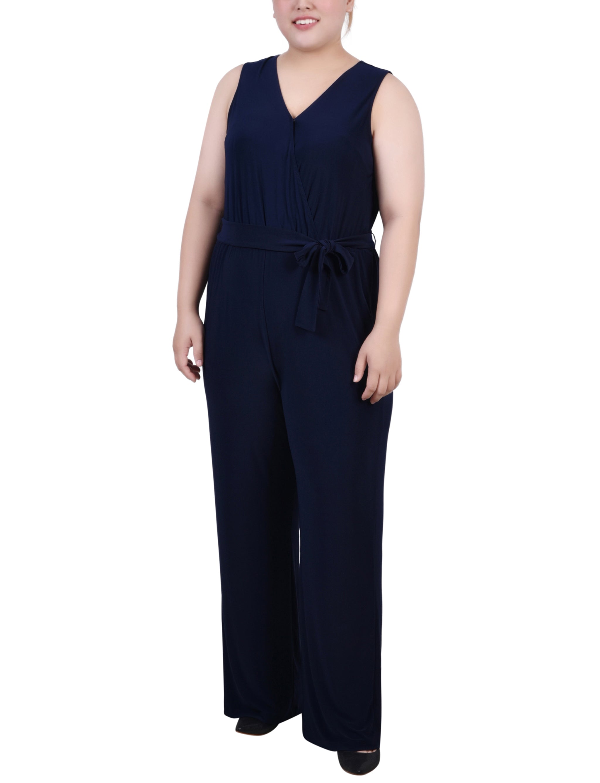 Navy Sleeveless Belted Jumpsuit - Plus