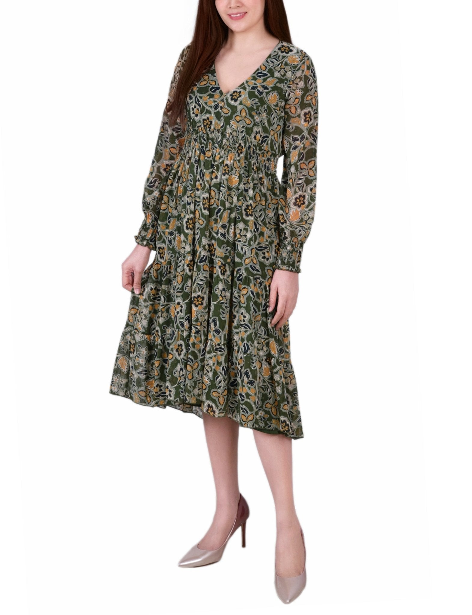 Olive Floral Long Sleeve Clip Dot Chiffon Dress With Smocked Waist and Cuffs - Petite