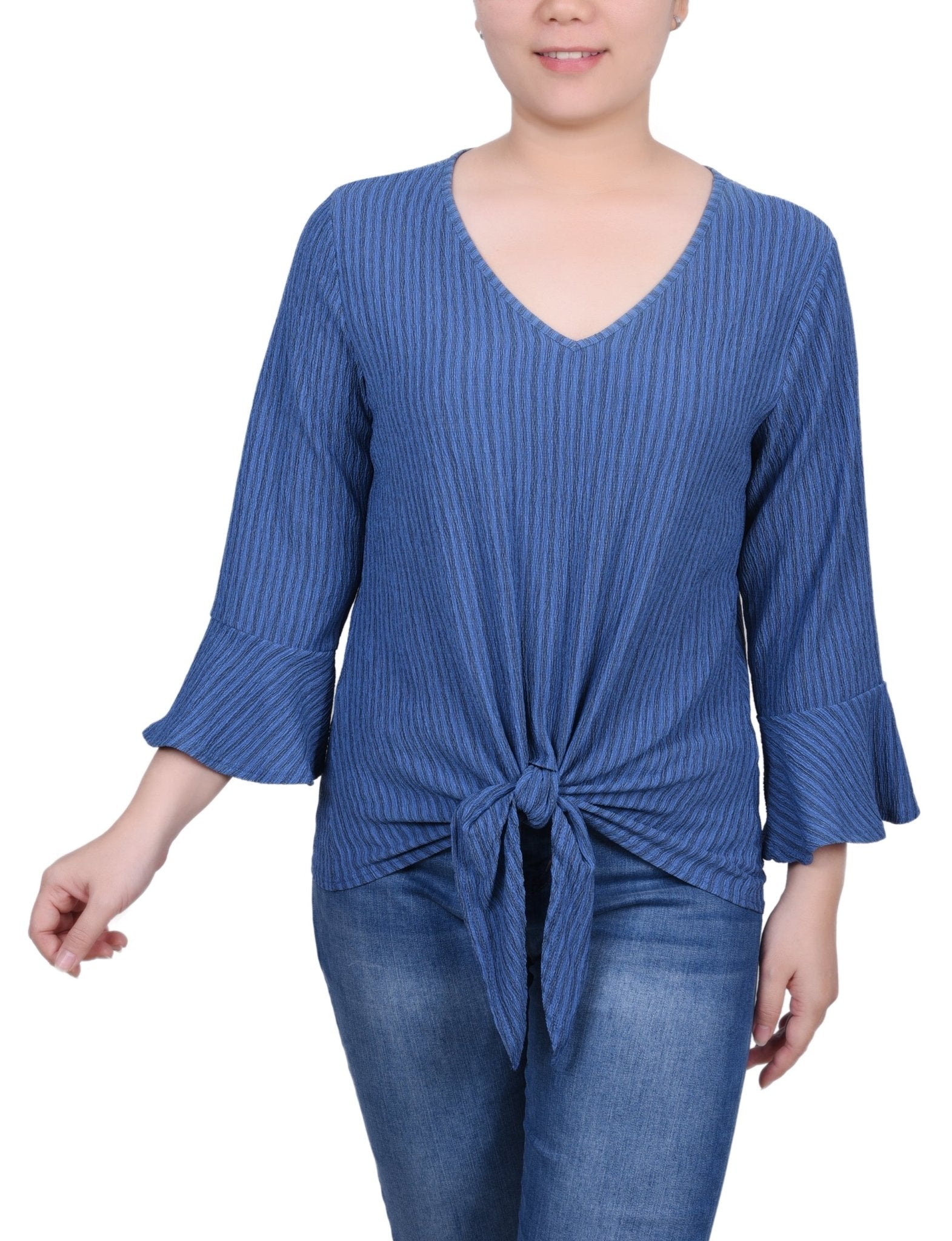 3/4 Length Bell Sleeve Textured Knit Top - Petite