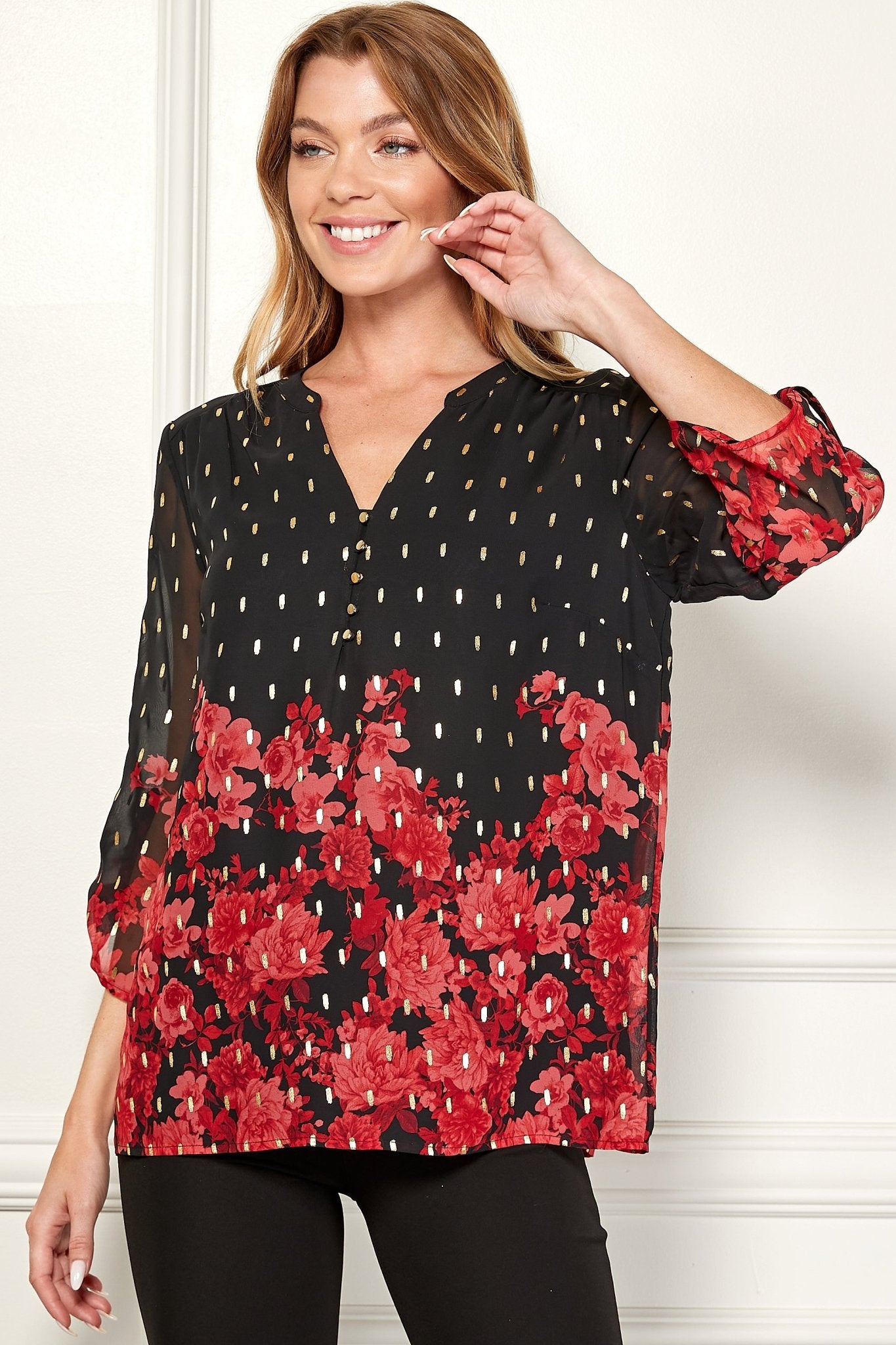 3/4 Sleeve Tab Mandarin Collar Popover