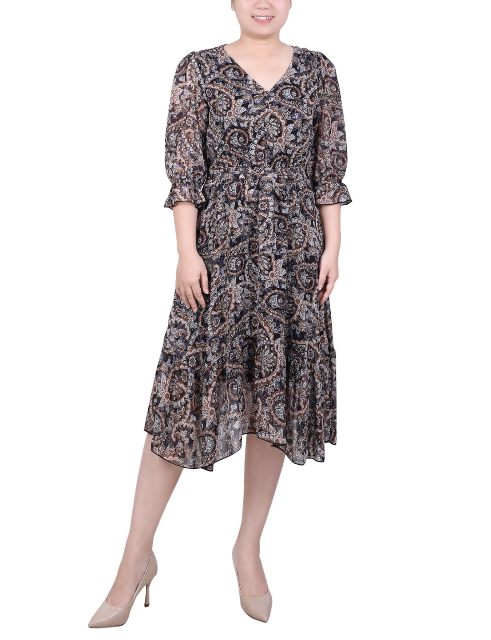 3/4 Sleeve V-Neck Flounced Dress - Petite