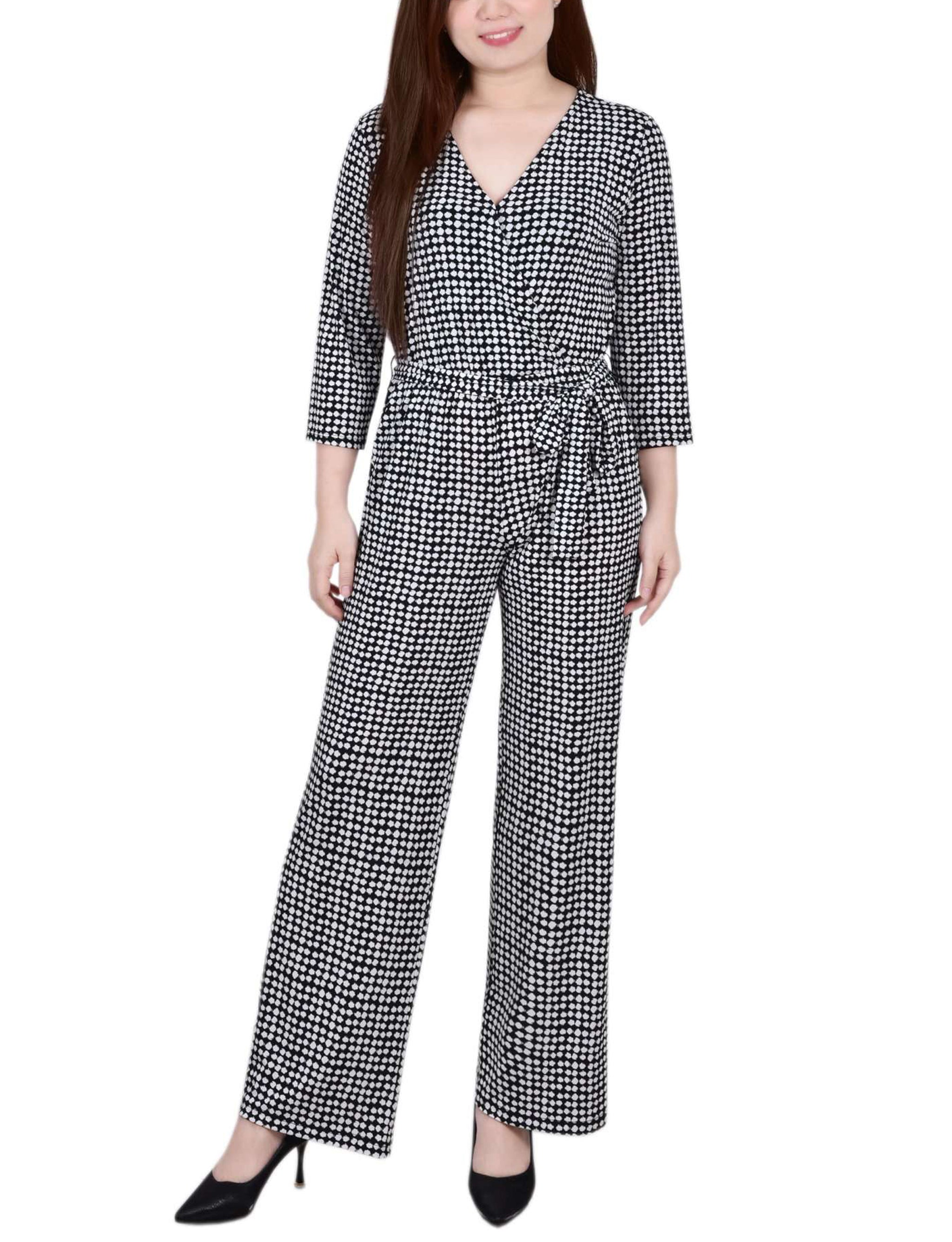 Polka Dot 3/4 Sleeve Belted Jumpsuit
