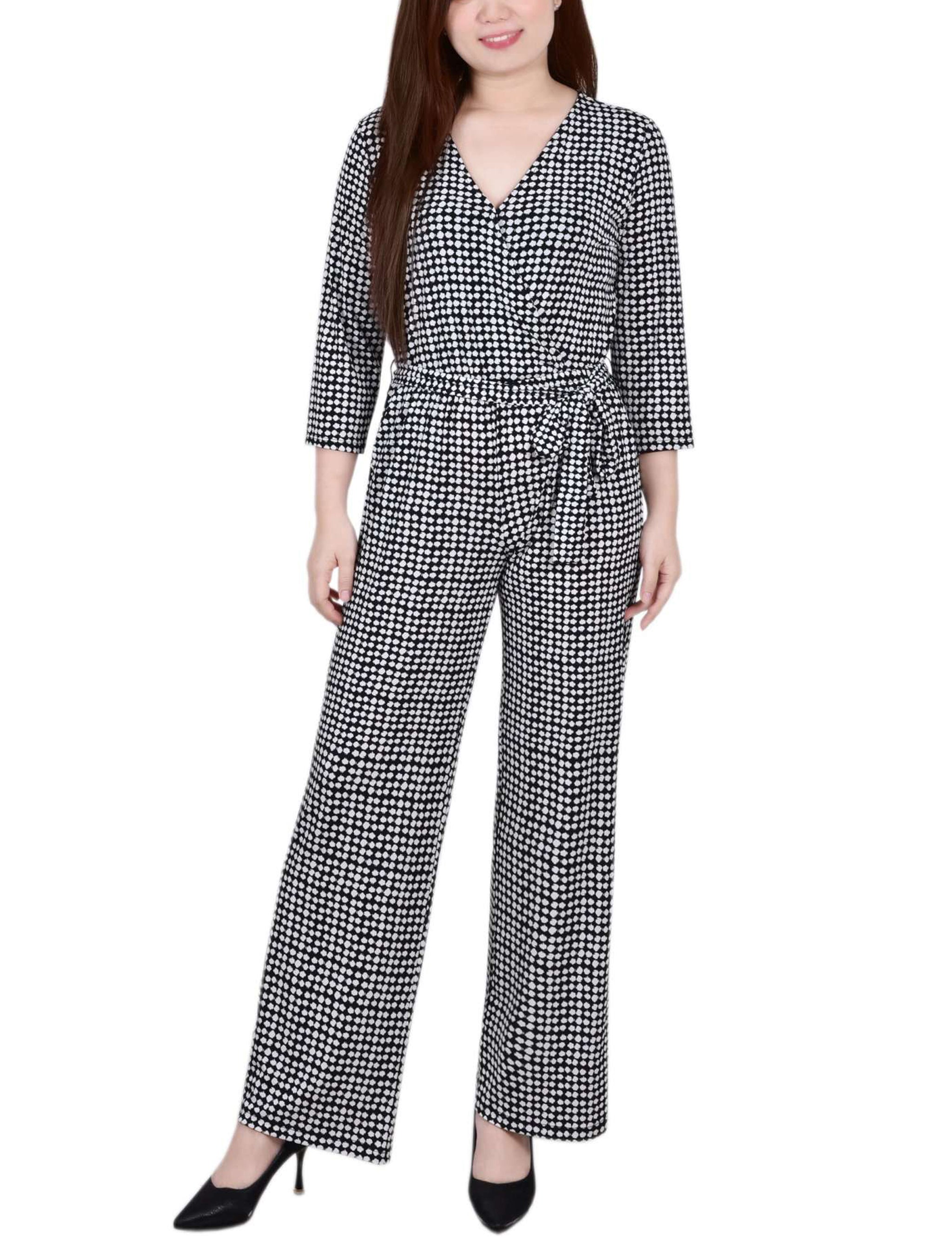 Polka Dot 3/4 Sleeve Belted Jumpsuit - Petite Short