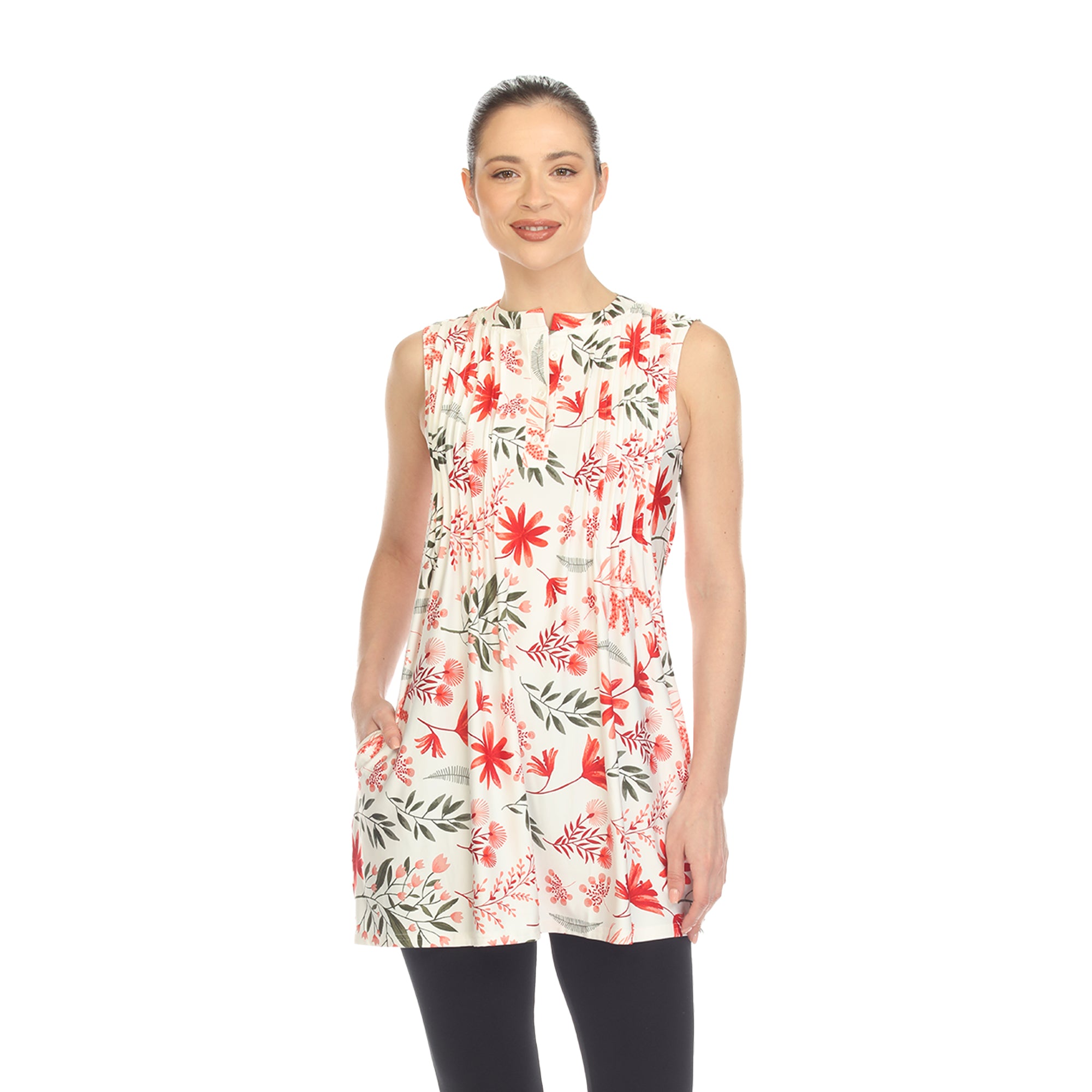 Red Floral Sleeveless Tunic Top