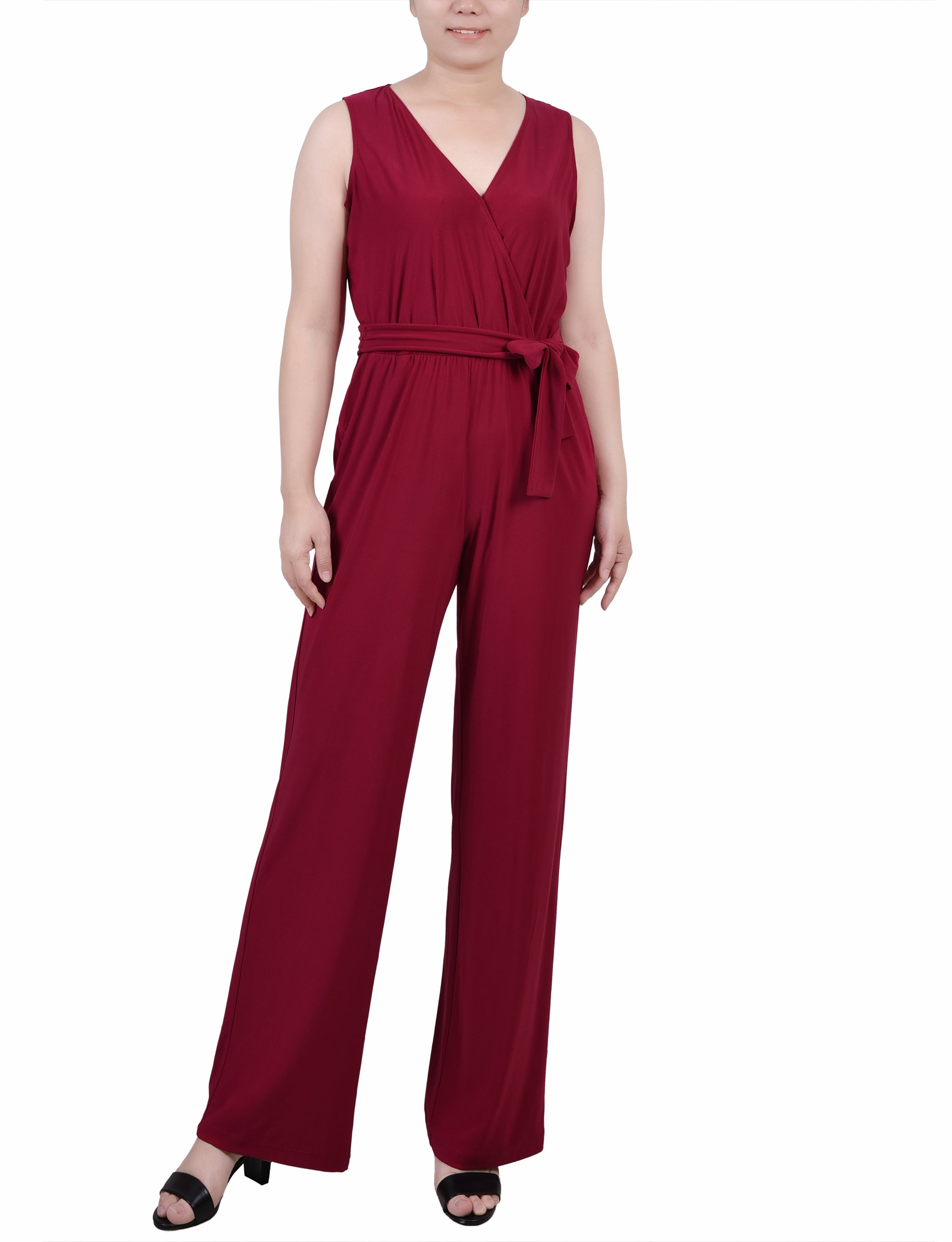 Red Sleeveless Belted Jumpsuit - Petite