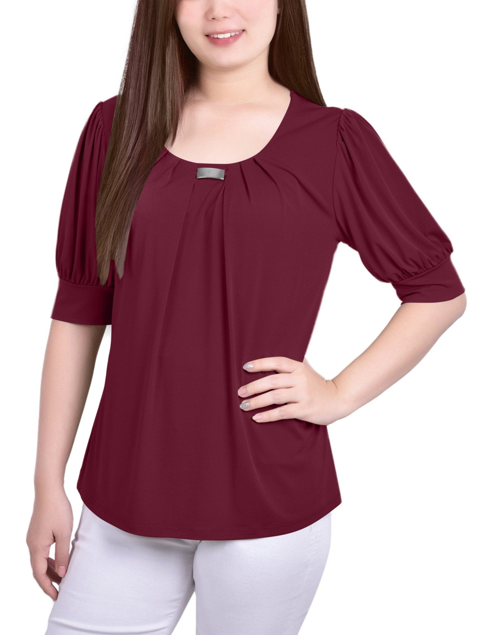 Rhododendron Short Sleeve Balloon Sleeve Top With Hardware
