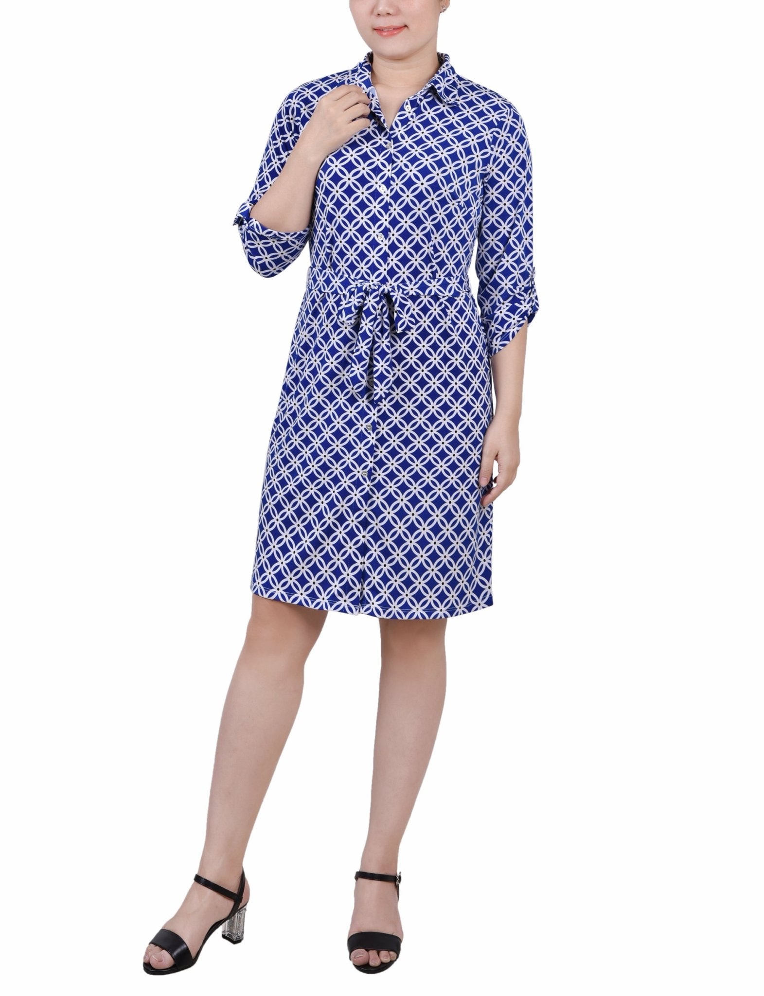 Royal White Black 3/4 Roll Tab Sleeve Collared Dress - Petite