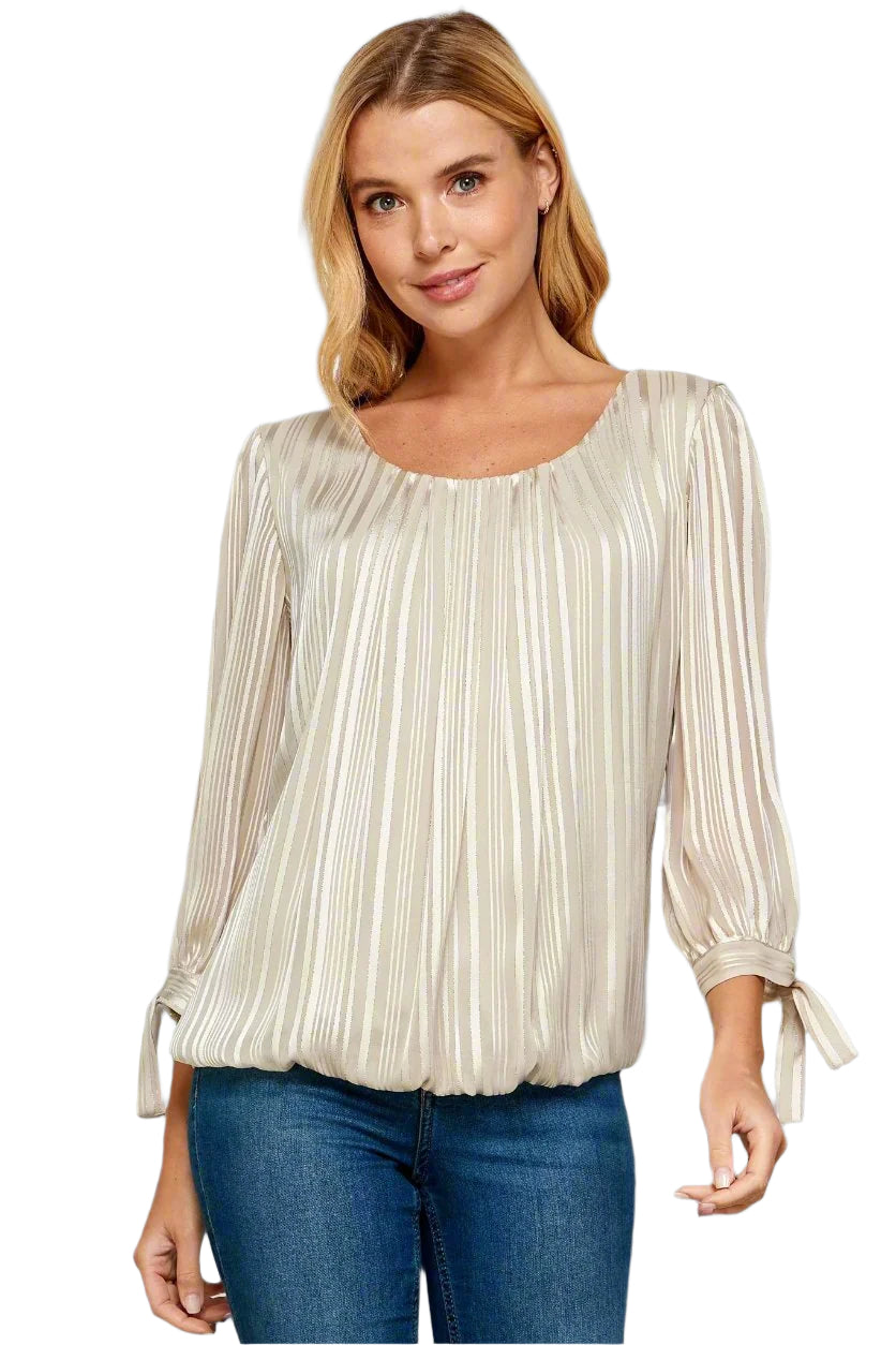 Roz & Ali 3/4 Tie Sleeve Silver Stripe Bubble Blouse