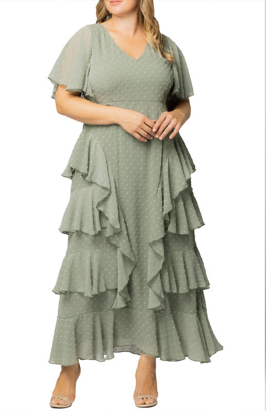 Sage Dot Tour de Flounce Chiffon Gown - Plus