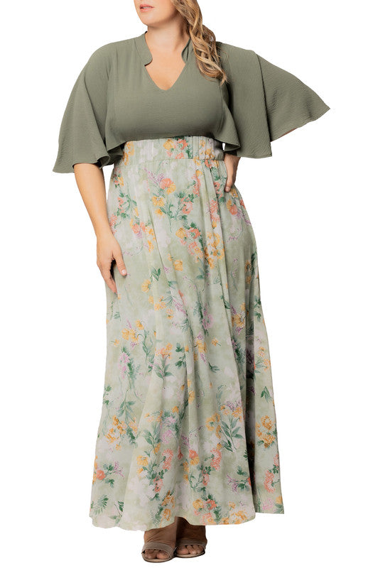 Sage Floral Print Avisa A-Line Evening Gown - Plus