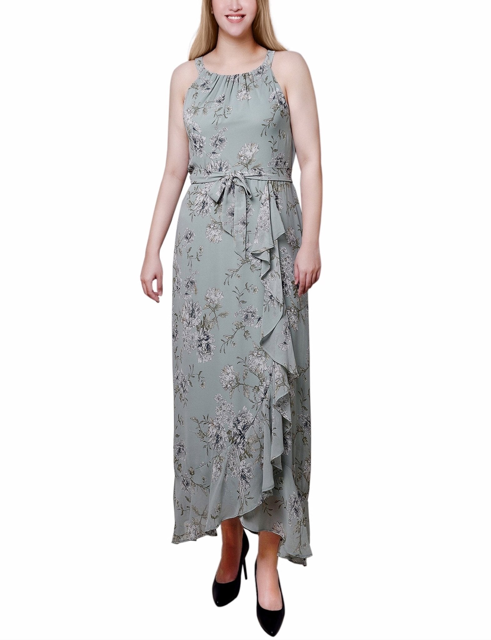 Sage Ivory Floral Halter Front Chiffon Maxi Dress - Petite