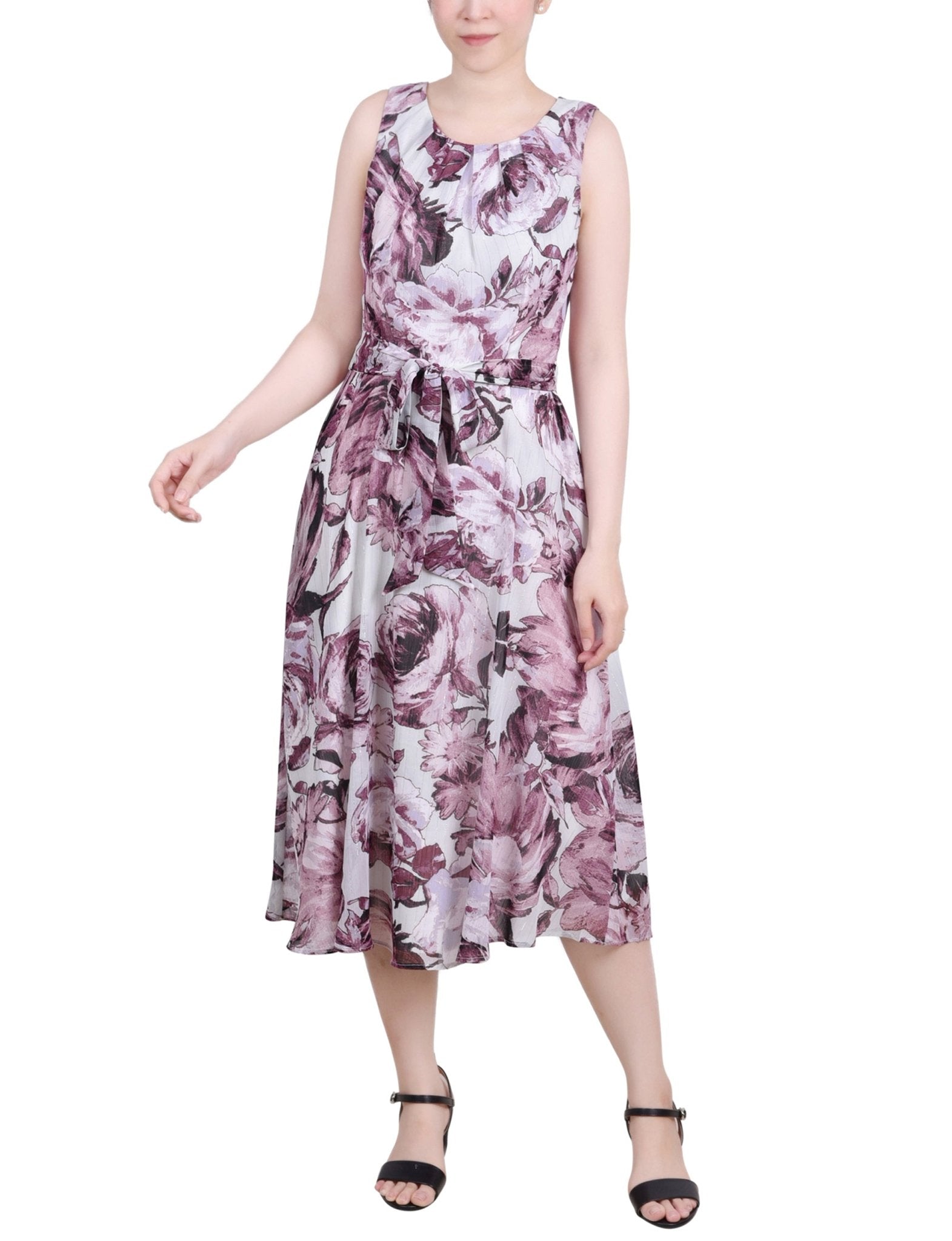 Sage Mauve Floral Sleeveless Chiffon Belted Dress - Petite
