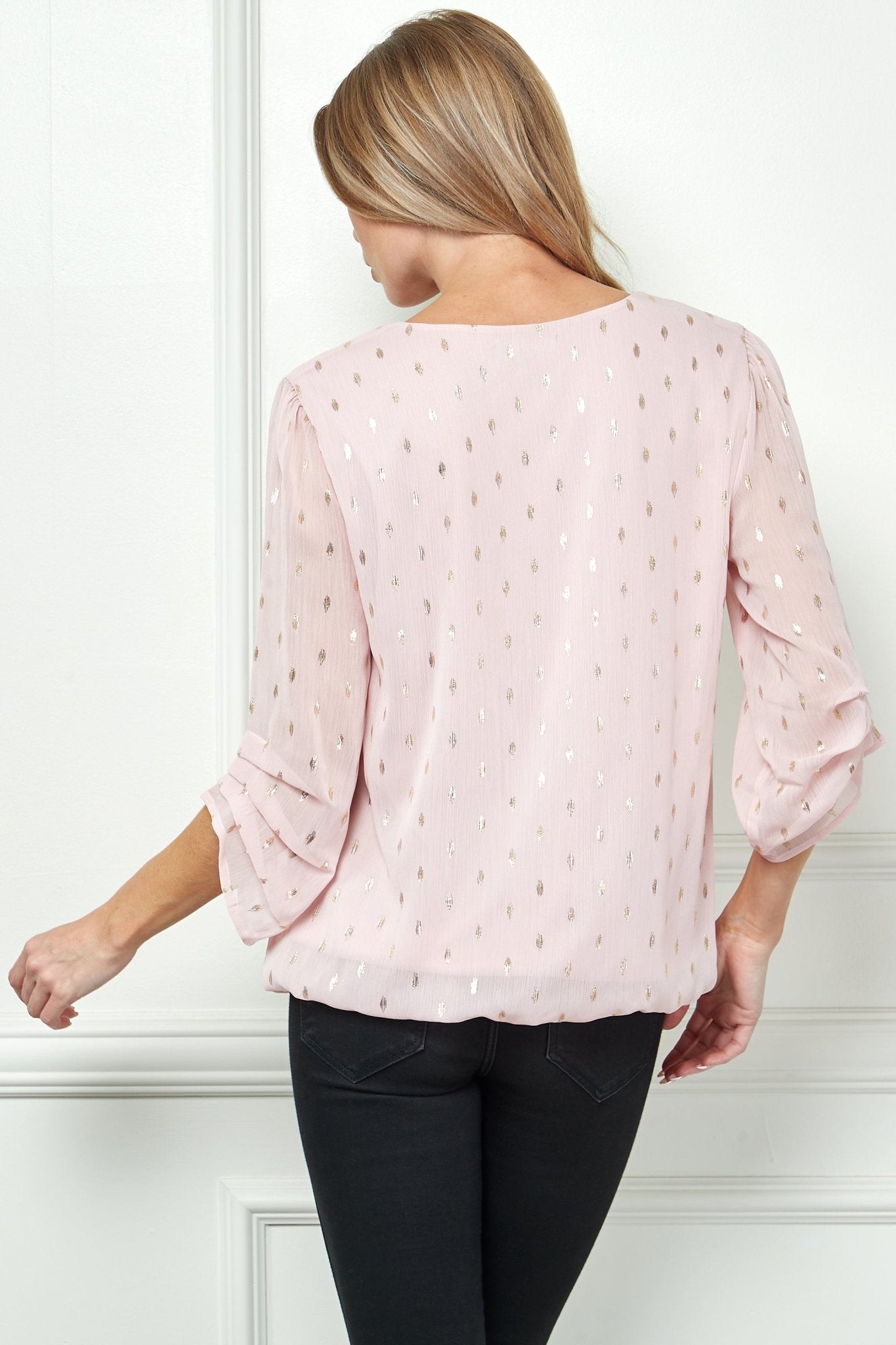 Sara Michelle 3/4 Step Sleeve V-Neck Chain Trim Bubble Blouse