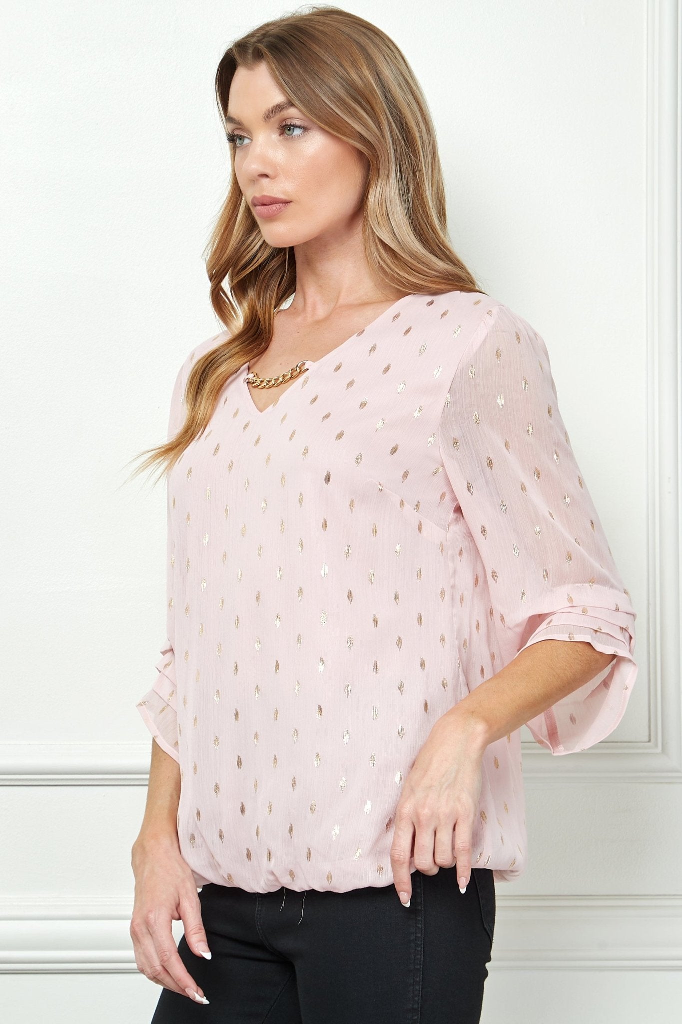 Sara Michelle 3/4 Step Sleeve V-Neck Chain Trim Bubble Blouse